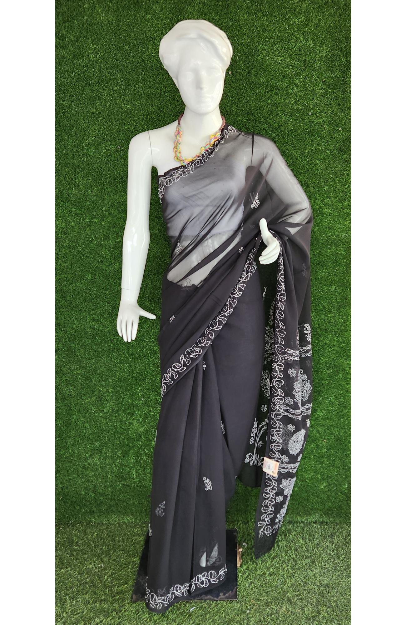 Black Faux Georgette Chikankari Saree