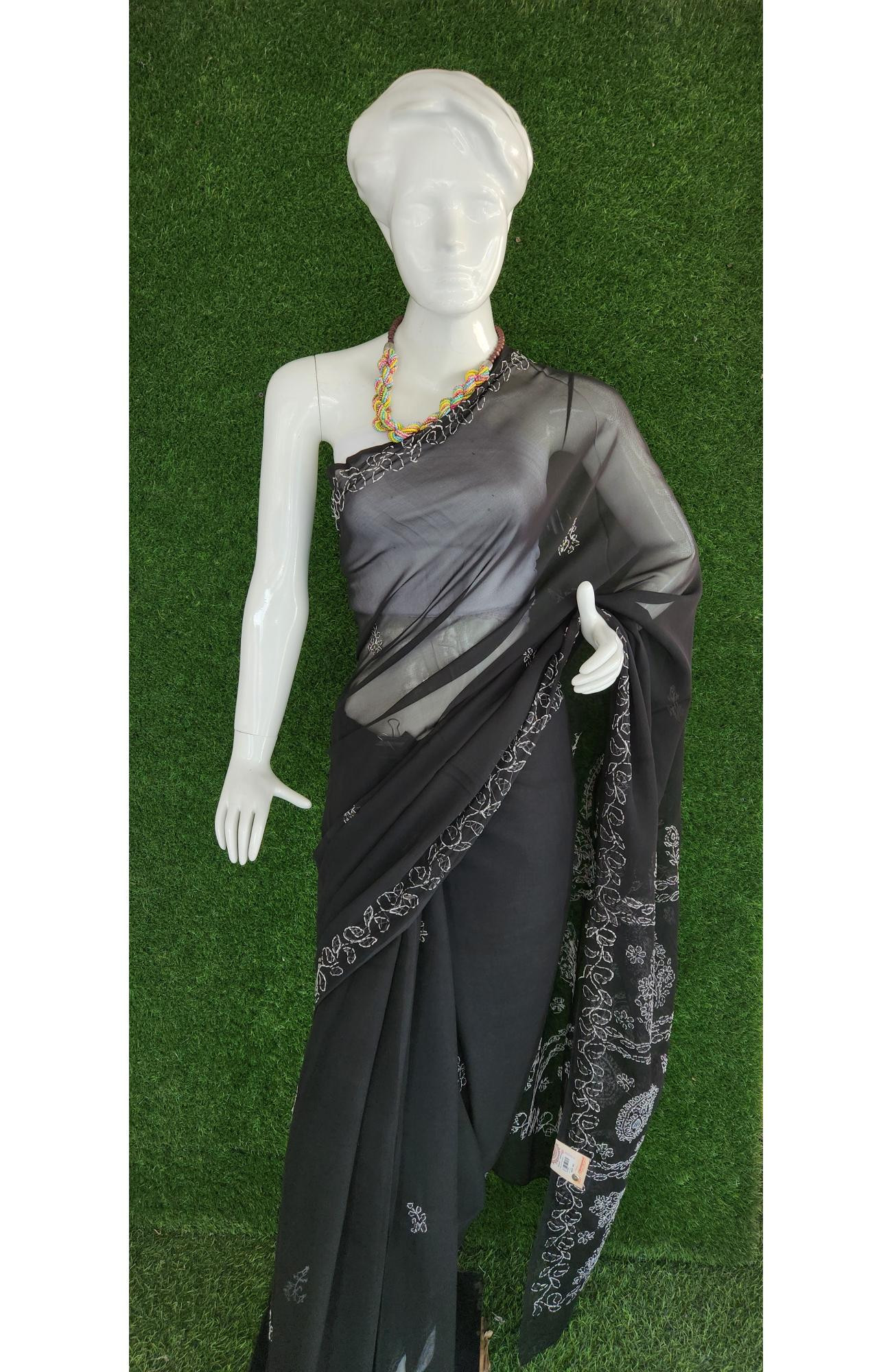 Black Faux Georgette Chikankari Saree