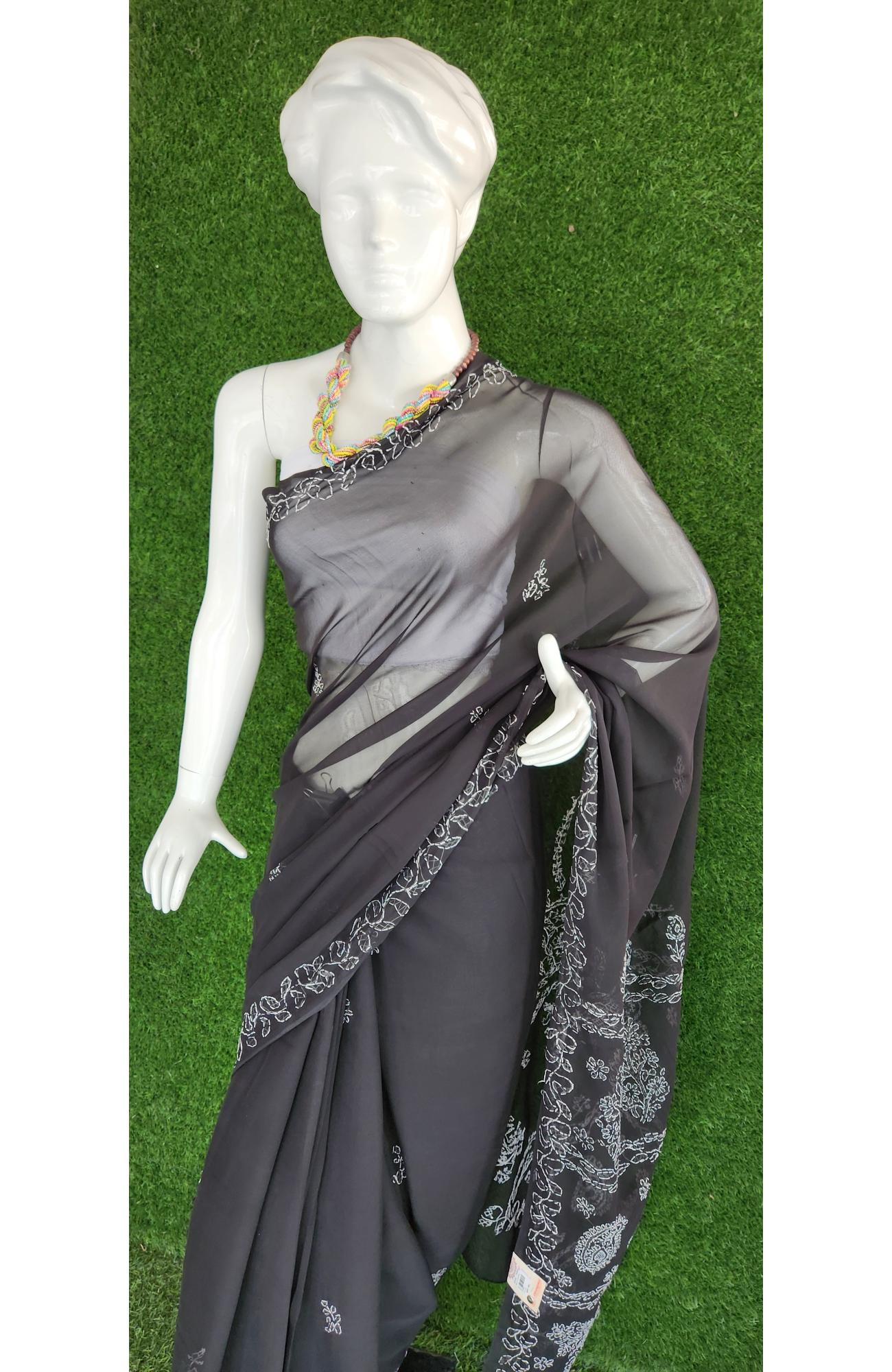 Black Faux Georgette Chikankari Saree
