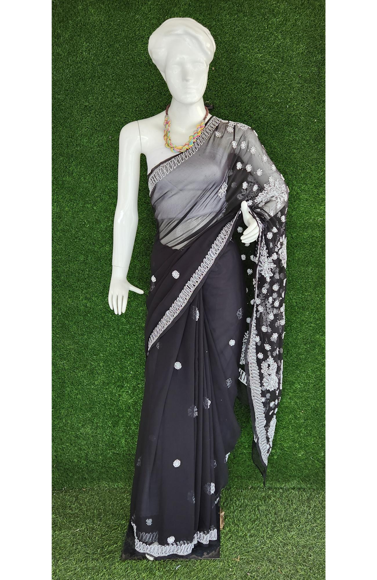 Black Faux Georgette Chikankari Saree