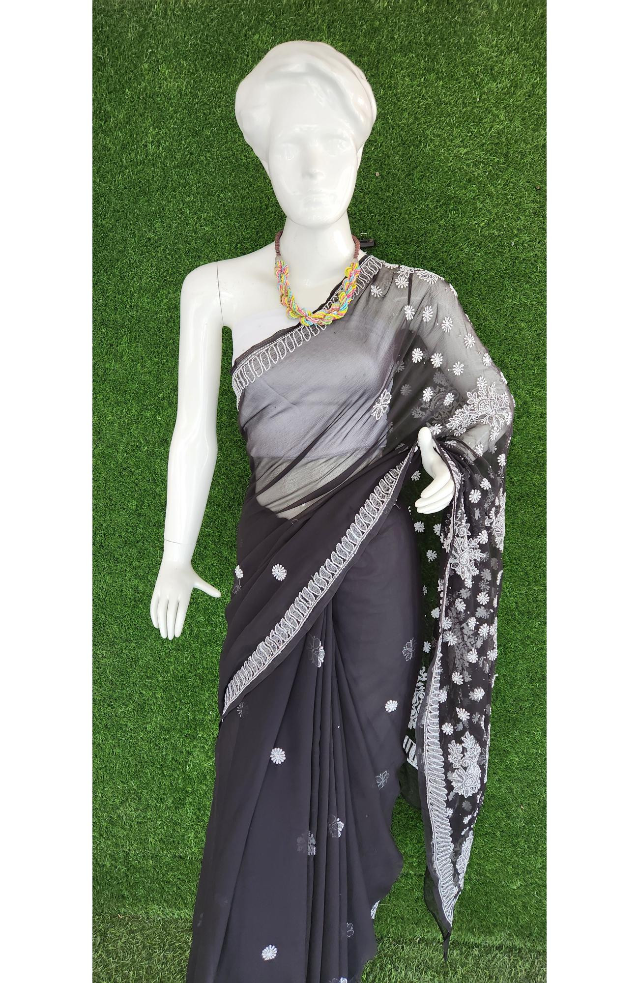 Black Faux Georgette Chikankari Saree
