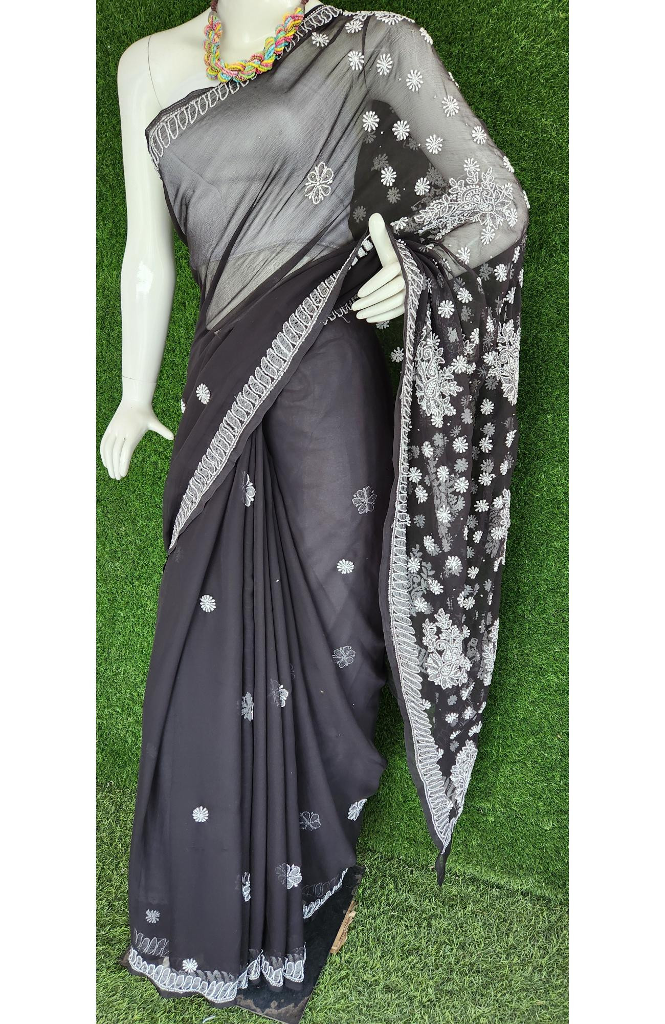 Black Faux Georgette Chikankari Saree
