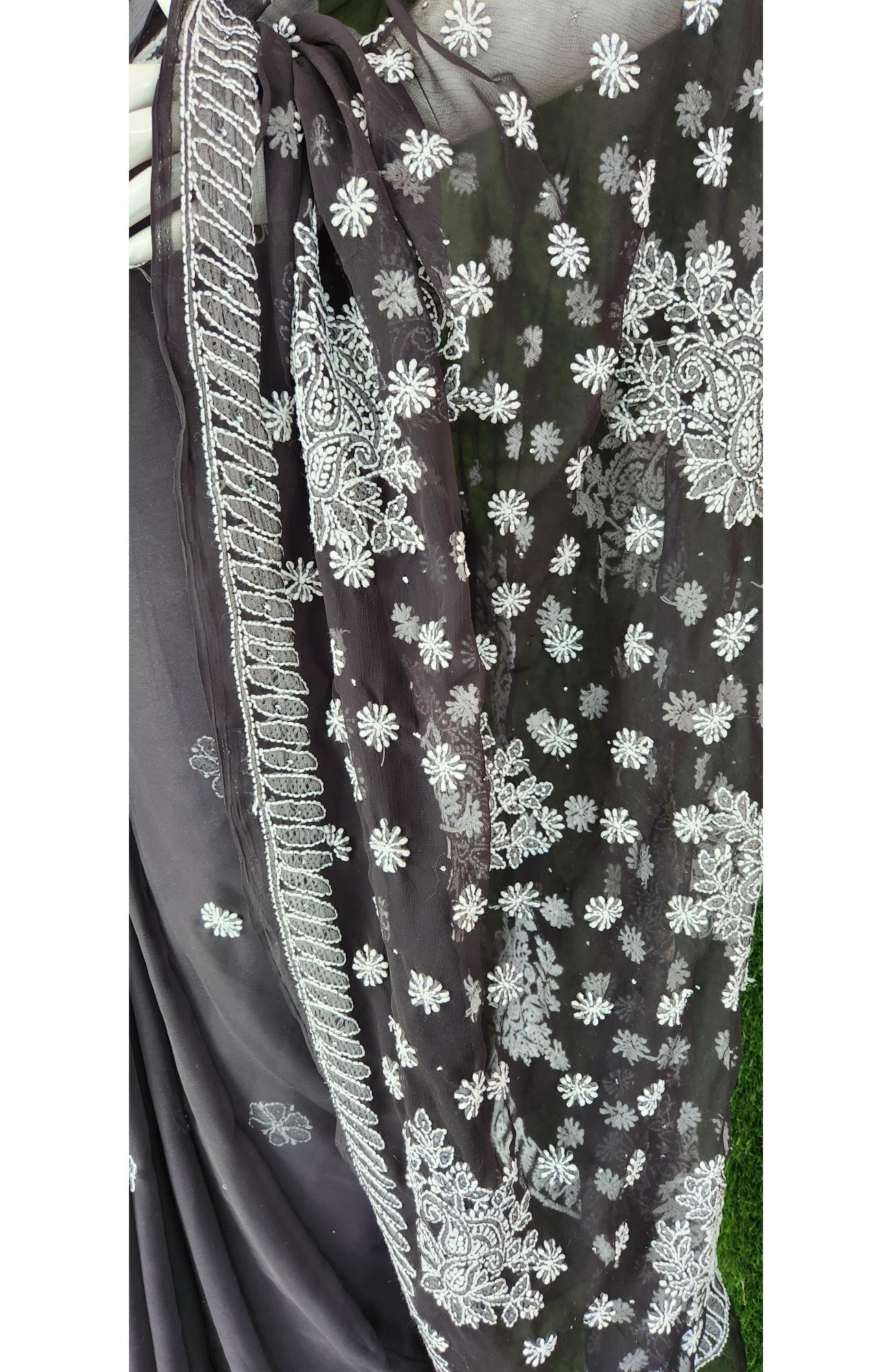 Black Faux Georgette Chikankari Saree