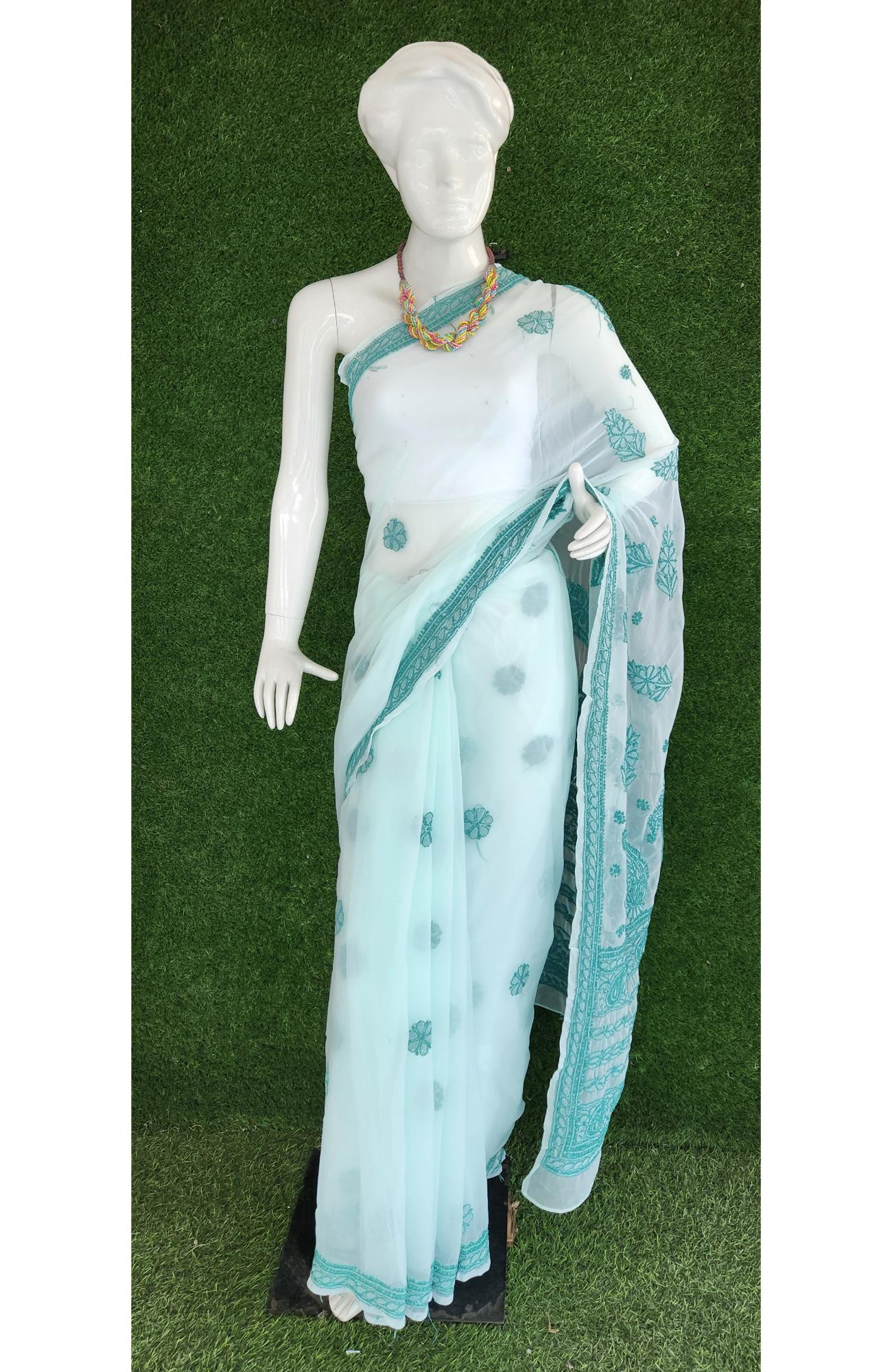 Sea Green Faux Georgette Chikankari Saree