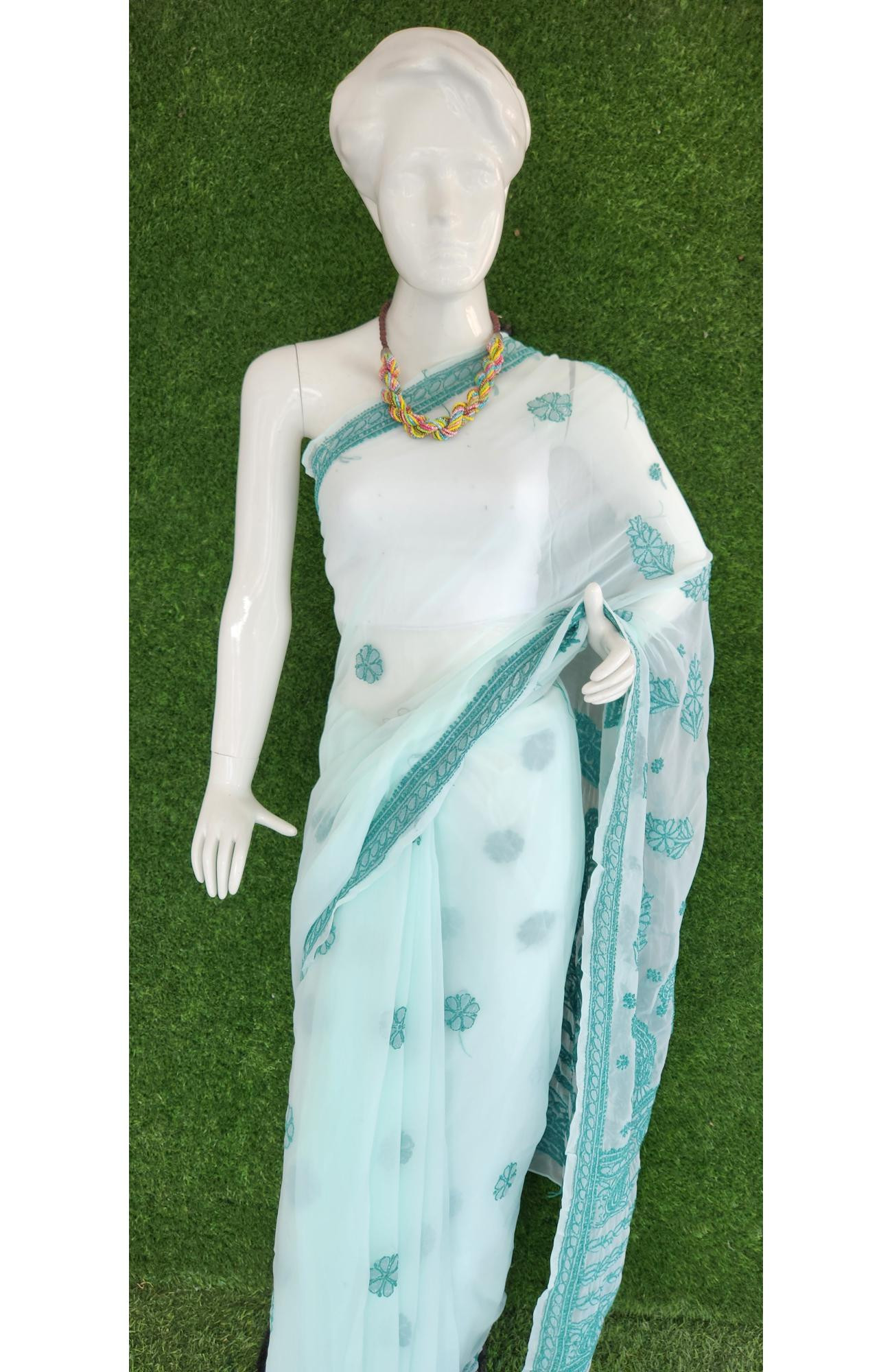 Sea Green Faux Georgette Chikankari Saree