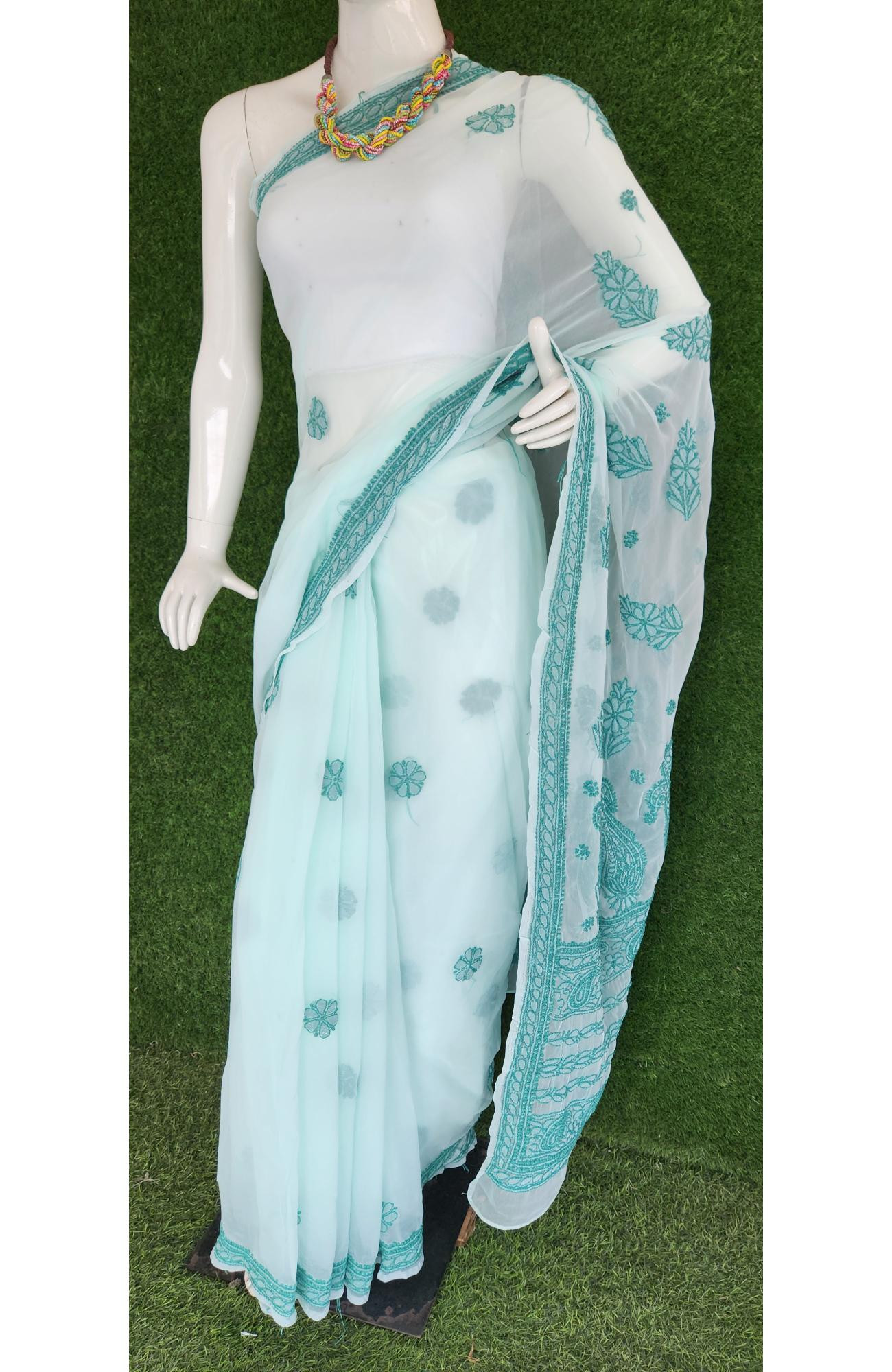 Sea Green Faux Georgette Chikankari Saree