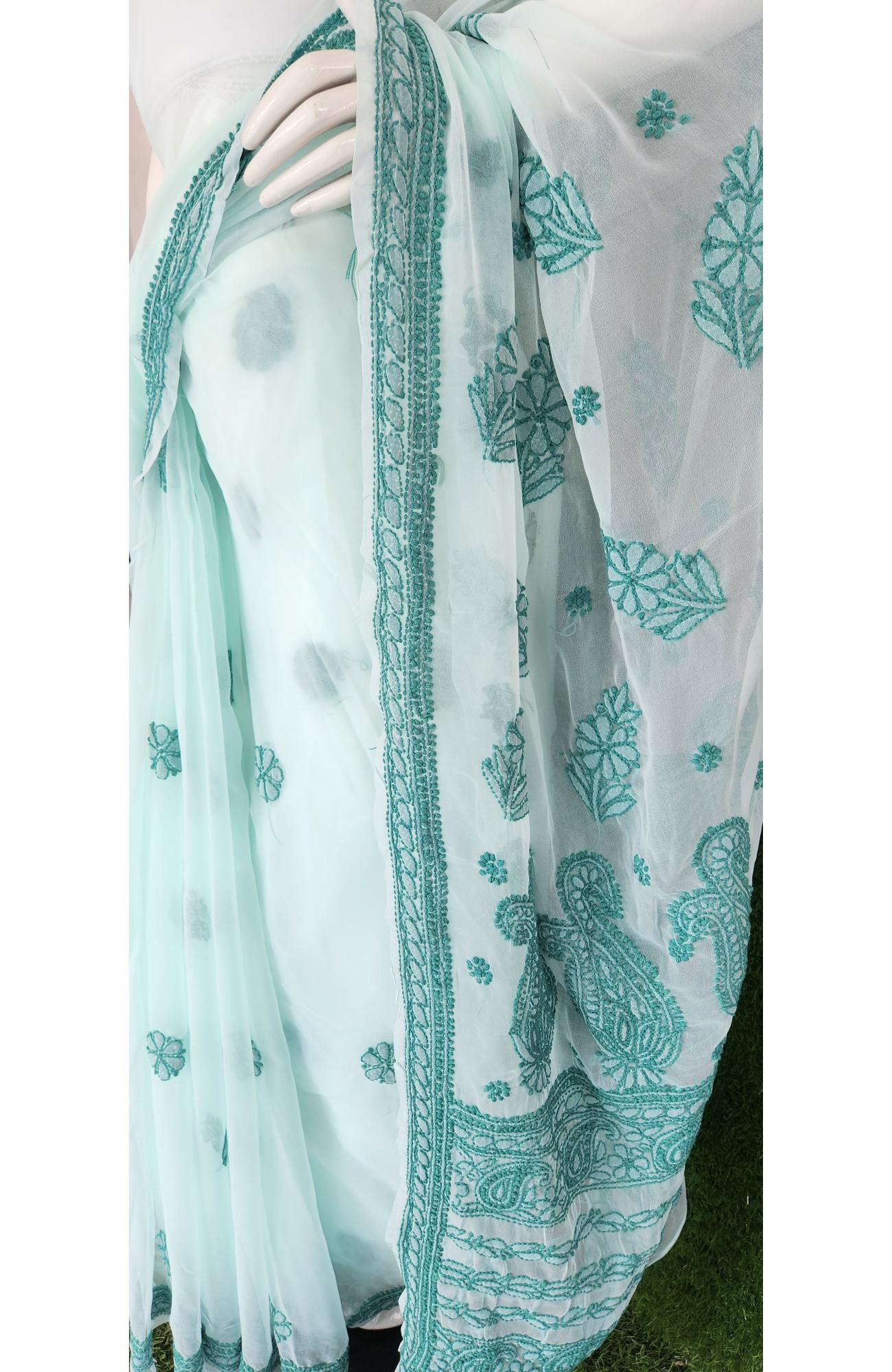 Sea Green Faux Georgette Chikankari Saree