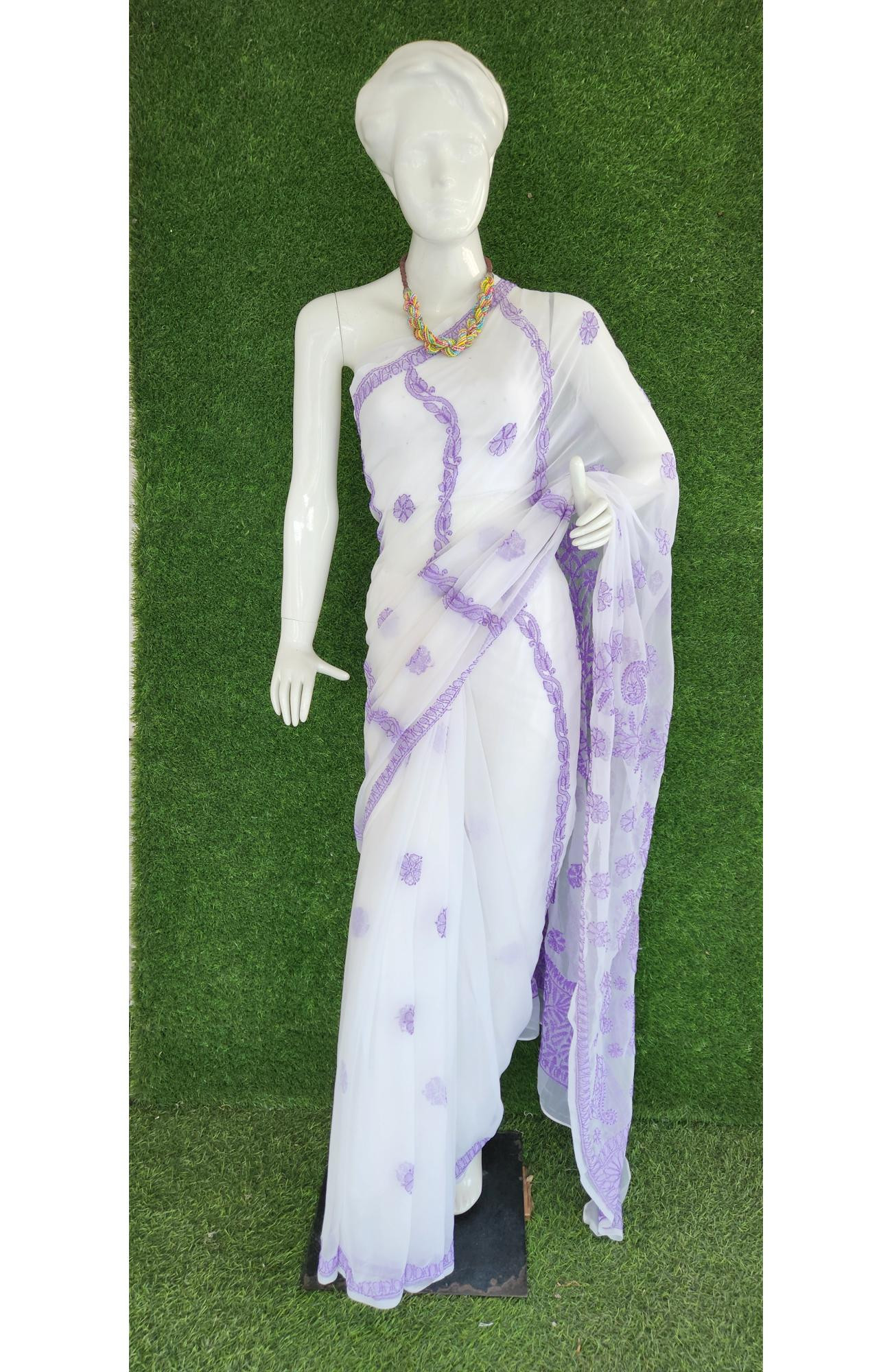 White Faux Georgette Chikankari Saree