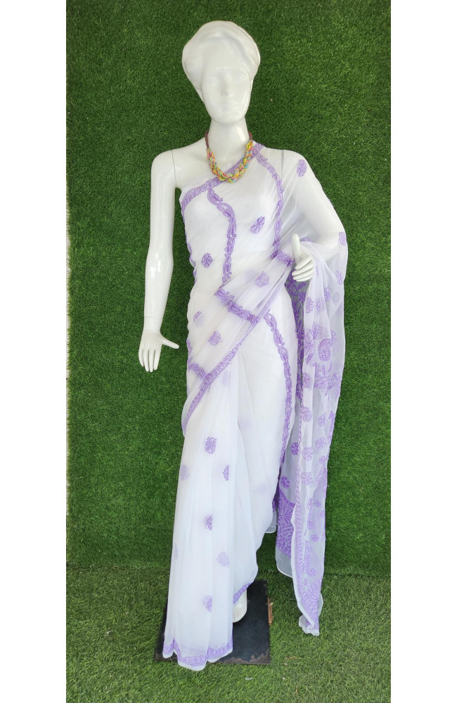 Image of White Faux Georgette Chikankari Saree
