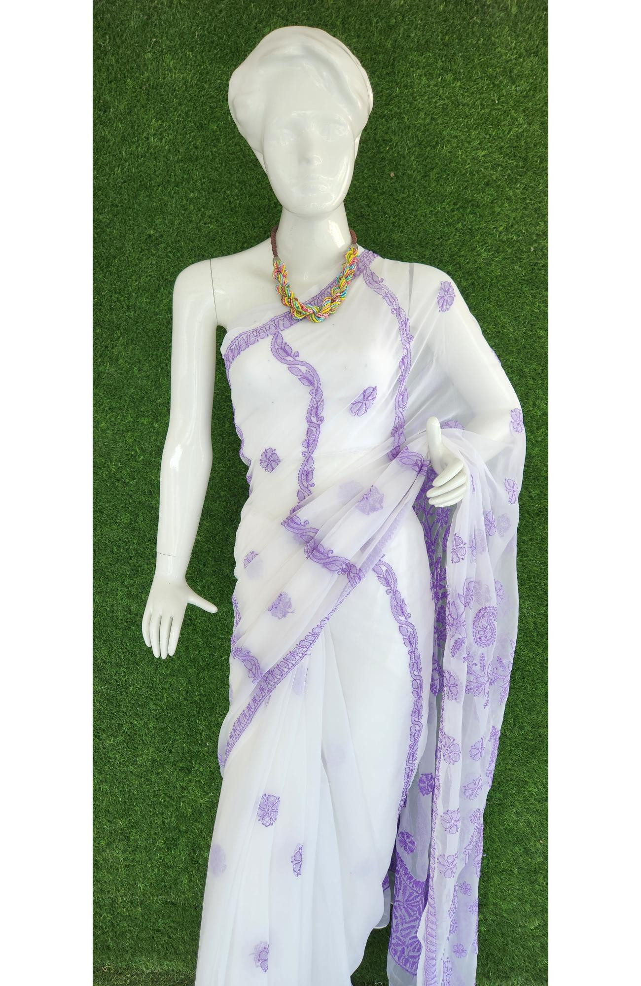 White Faux Georgette Chikankari Saree
