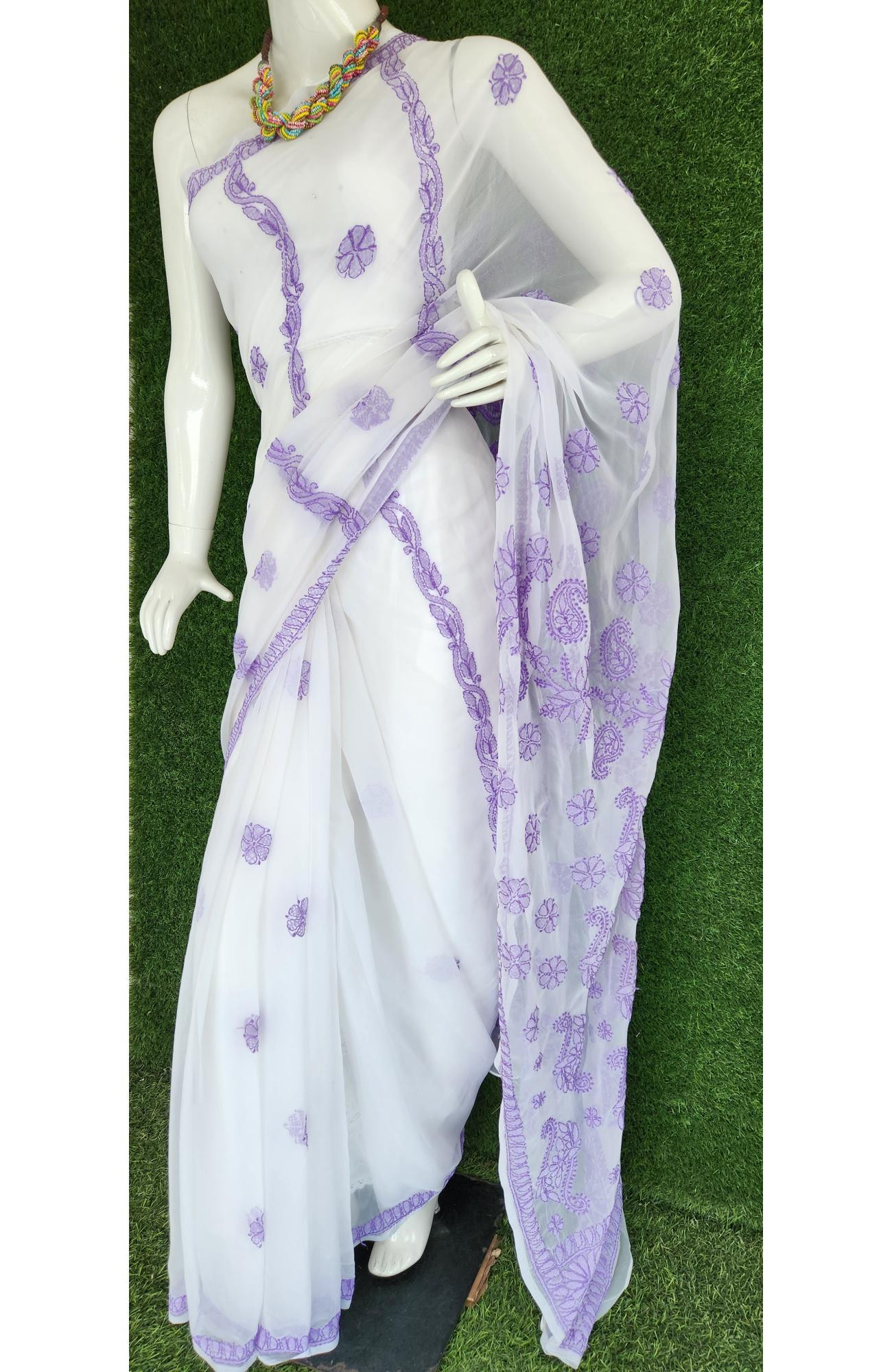 White Faux Georgette Chikankari Saree