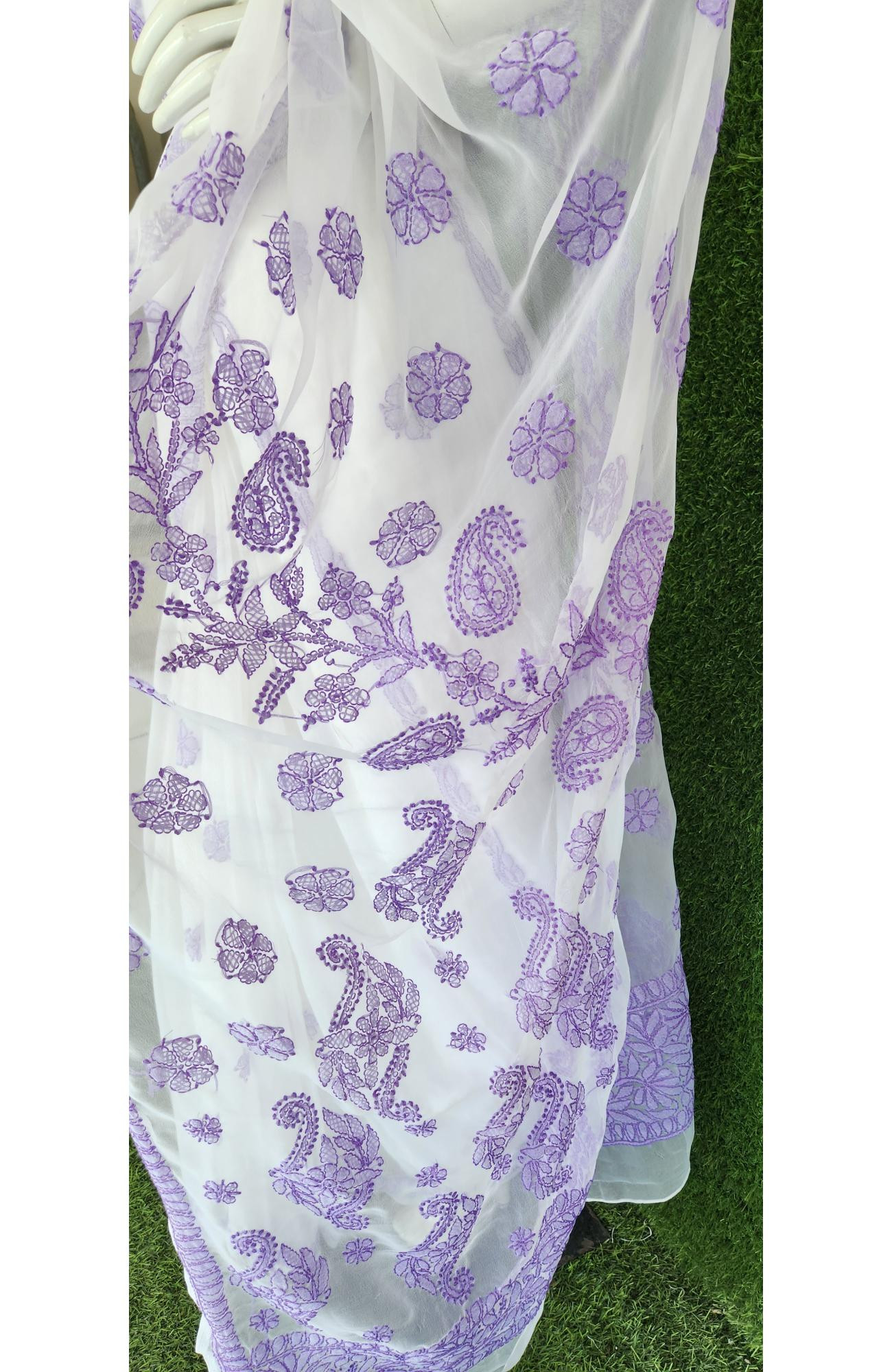 White Faux Georgette Chikankari Saree