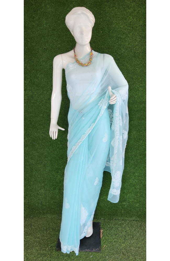 Image of Sea Green Faux Georgette Chikankari Saree