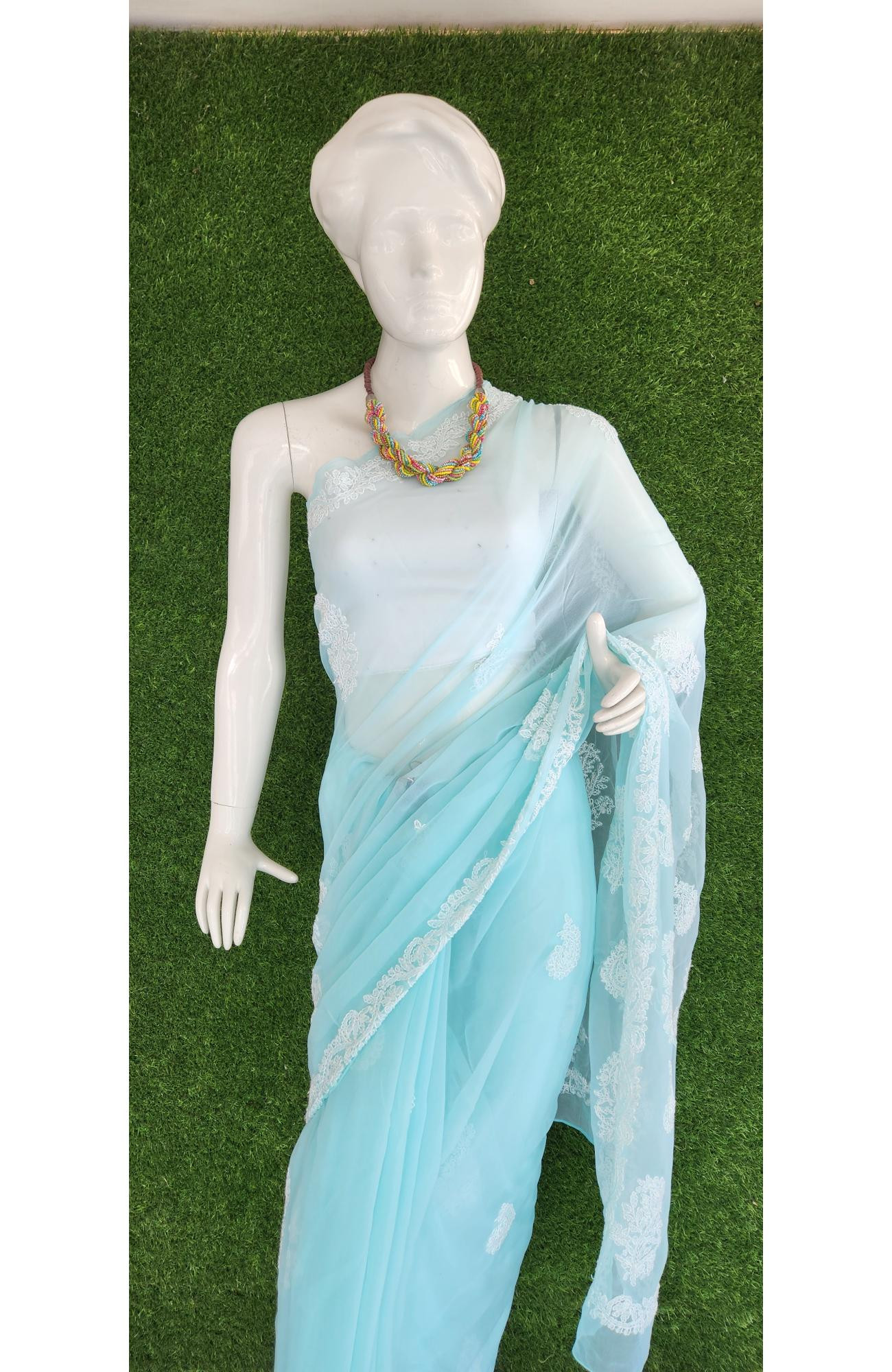 Sea Green Faux Georgette Chikankari Saree