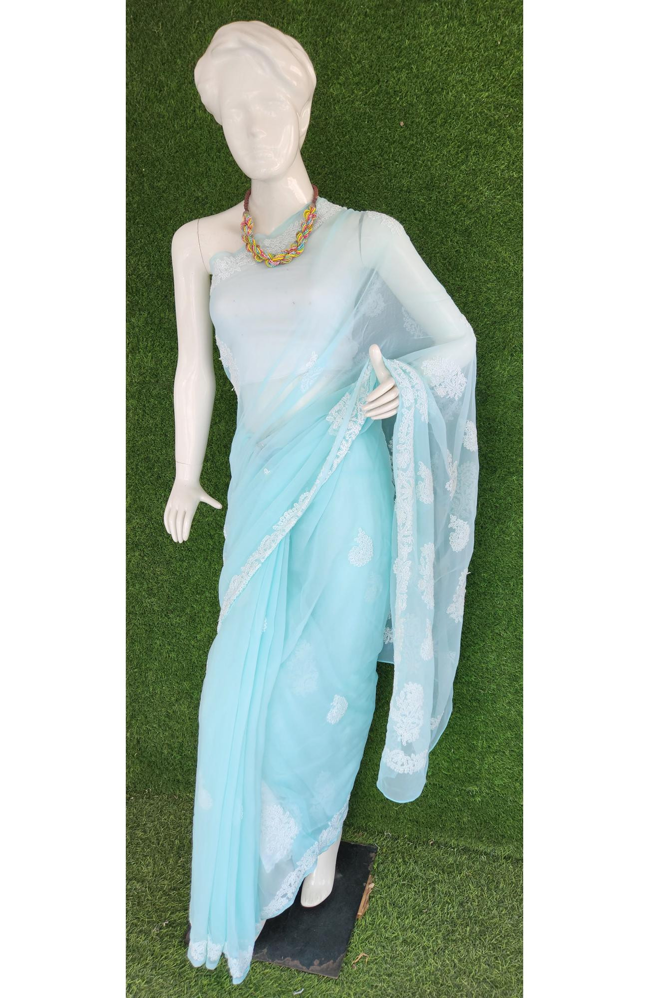 Sea Green Faux Georgette Chikankari Saree