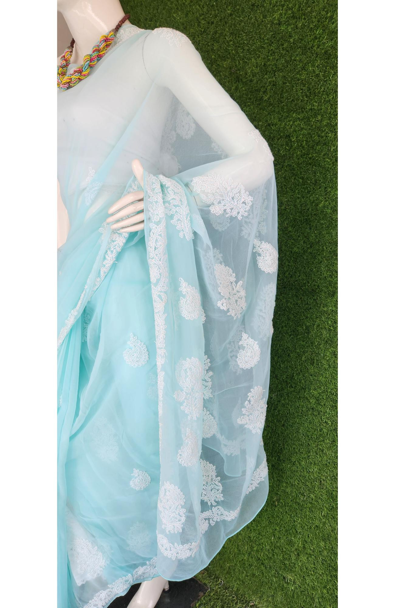 Sea Green Faux Georgette Chikankari Saree