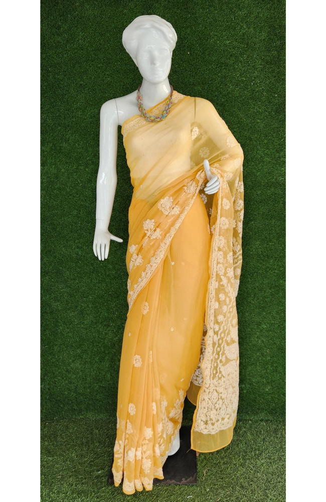 Image of Yellow Faux Georgette Chikankari Saree