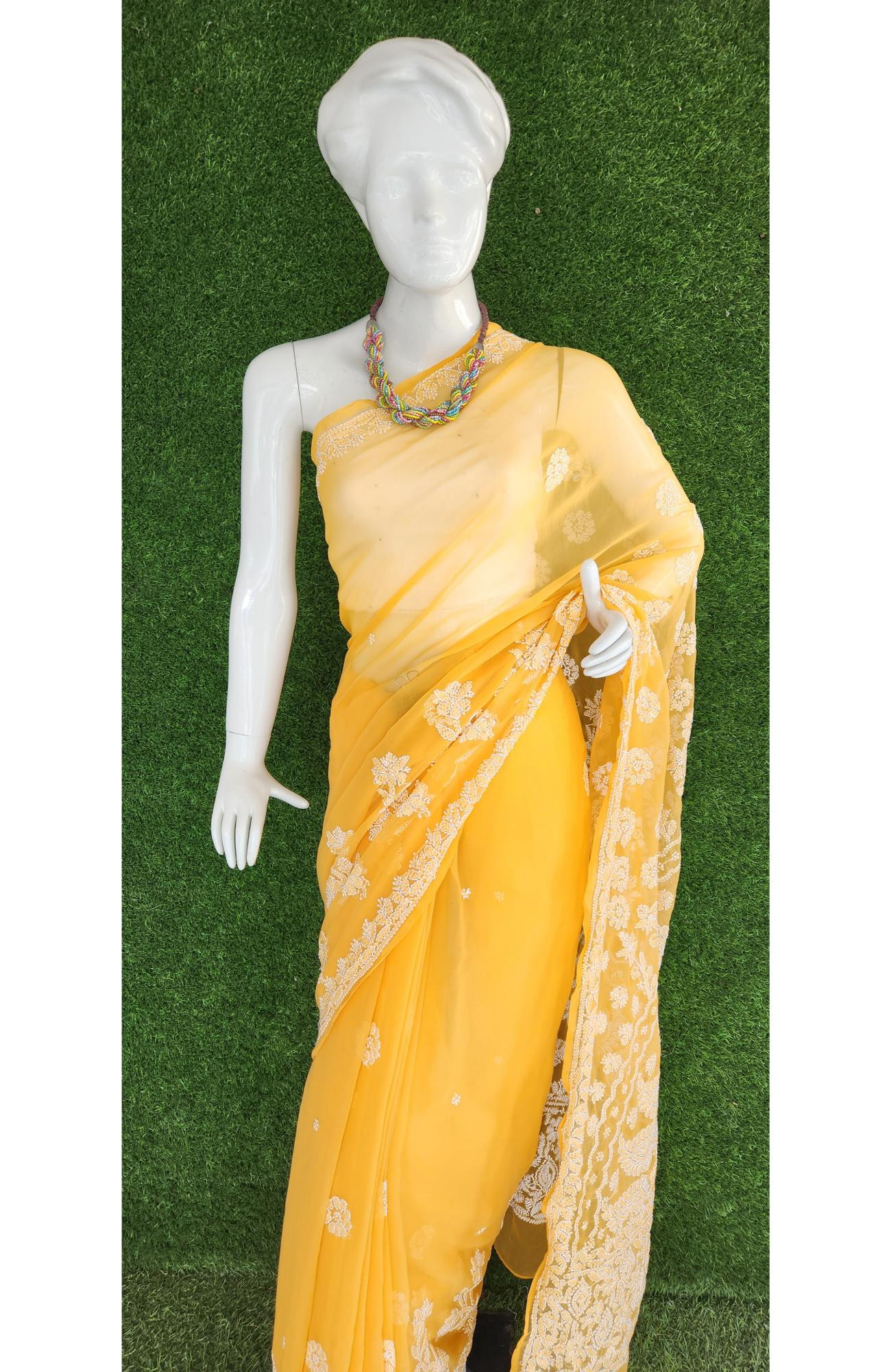 Yellow Faux Georgette Chikankari Saree
