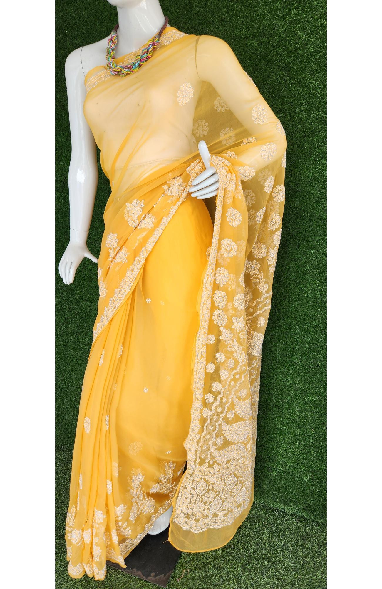 Yellow Faux Georgette Chikankari Saree