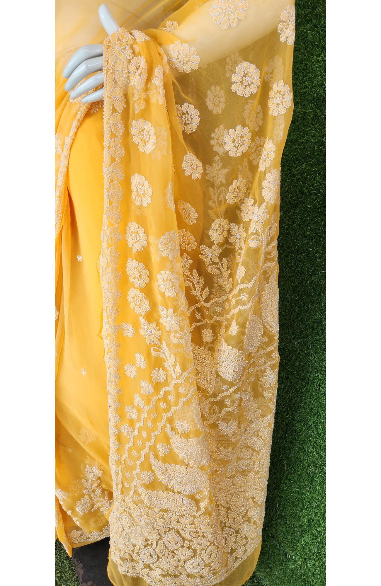 Yellow Faux Georgette Chikankari Saree
