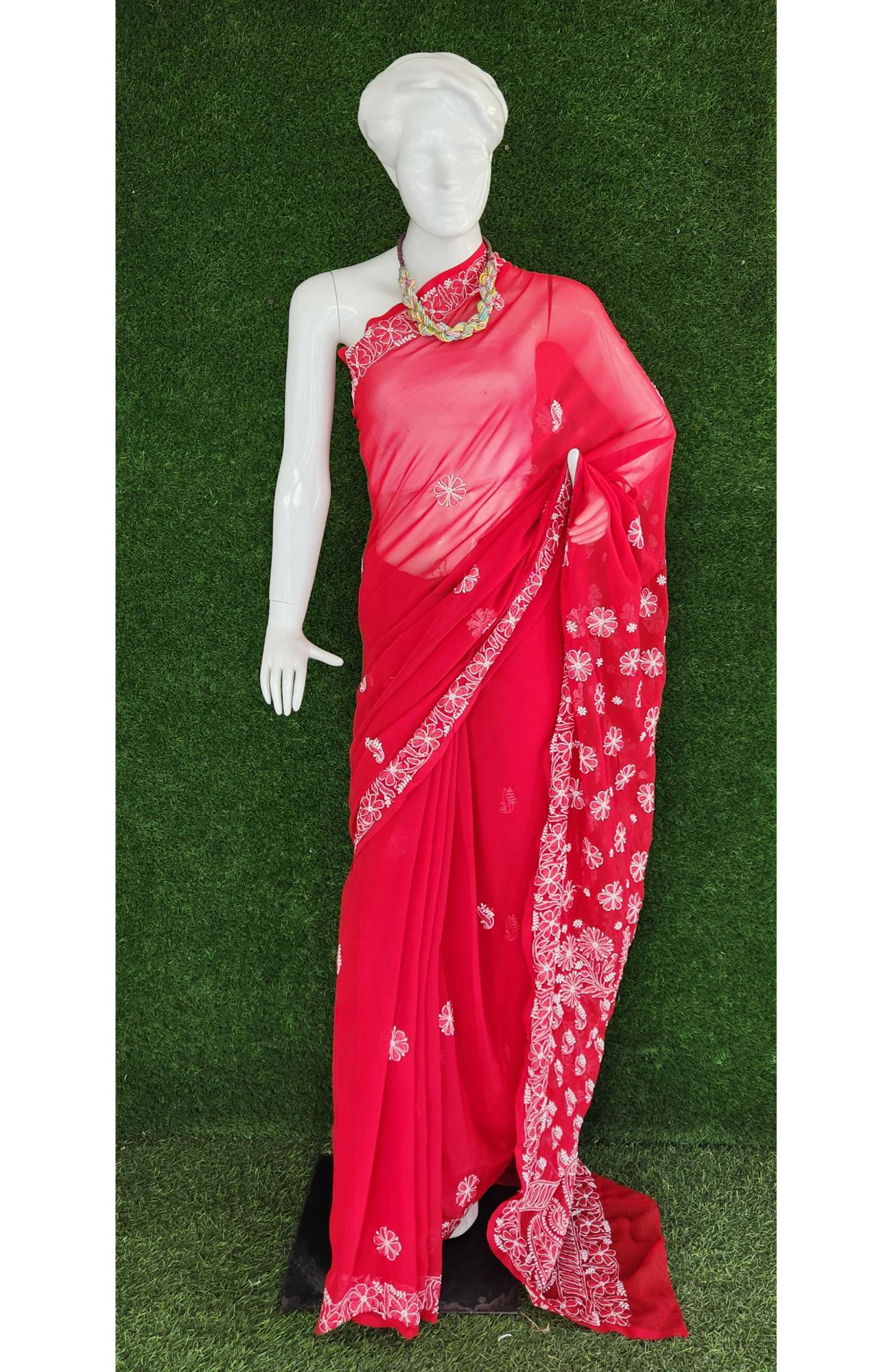 Red Faux Georgette Chikankari Saree
