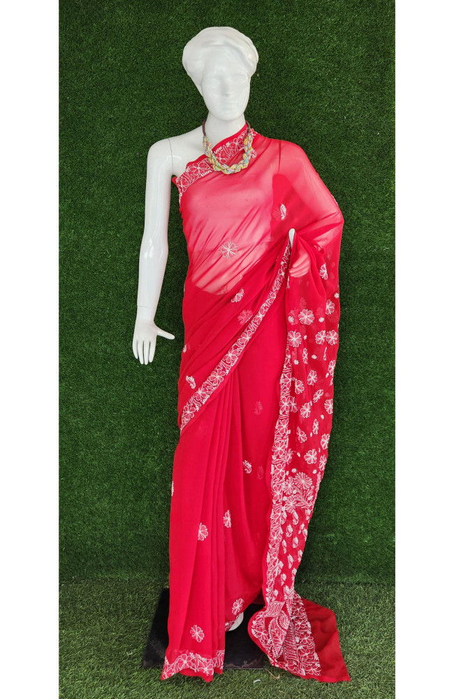 Image of Red Faux Georgette Chikankari Saree