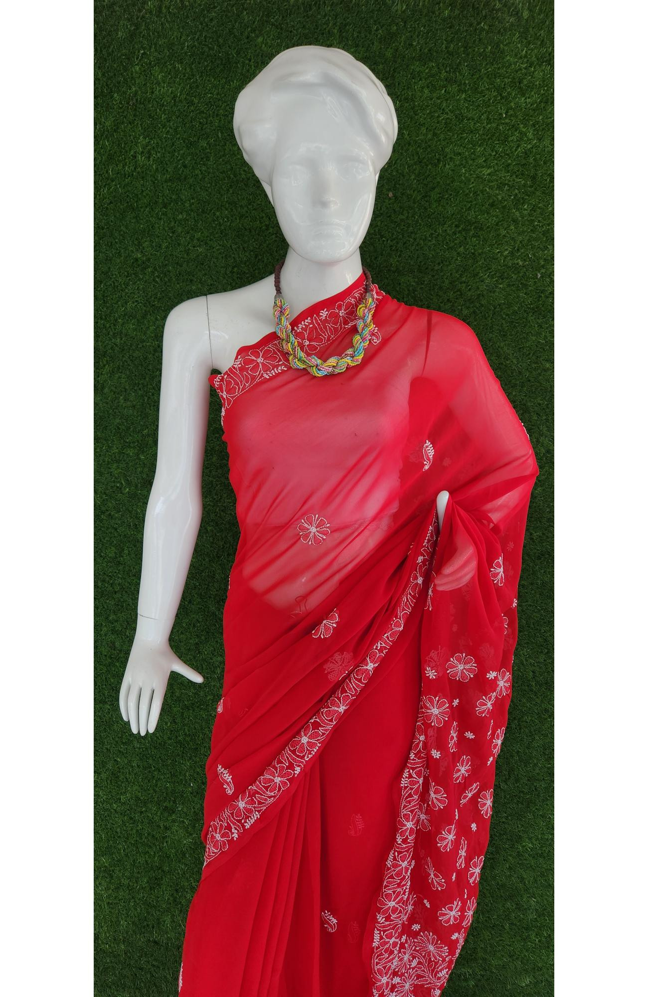 Red Faux Georgette Chikankari Saree