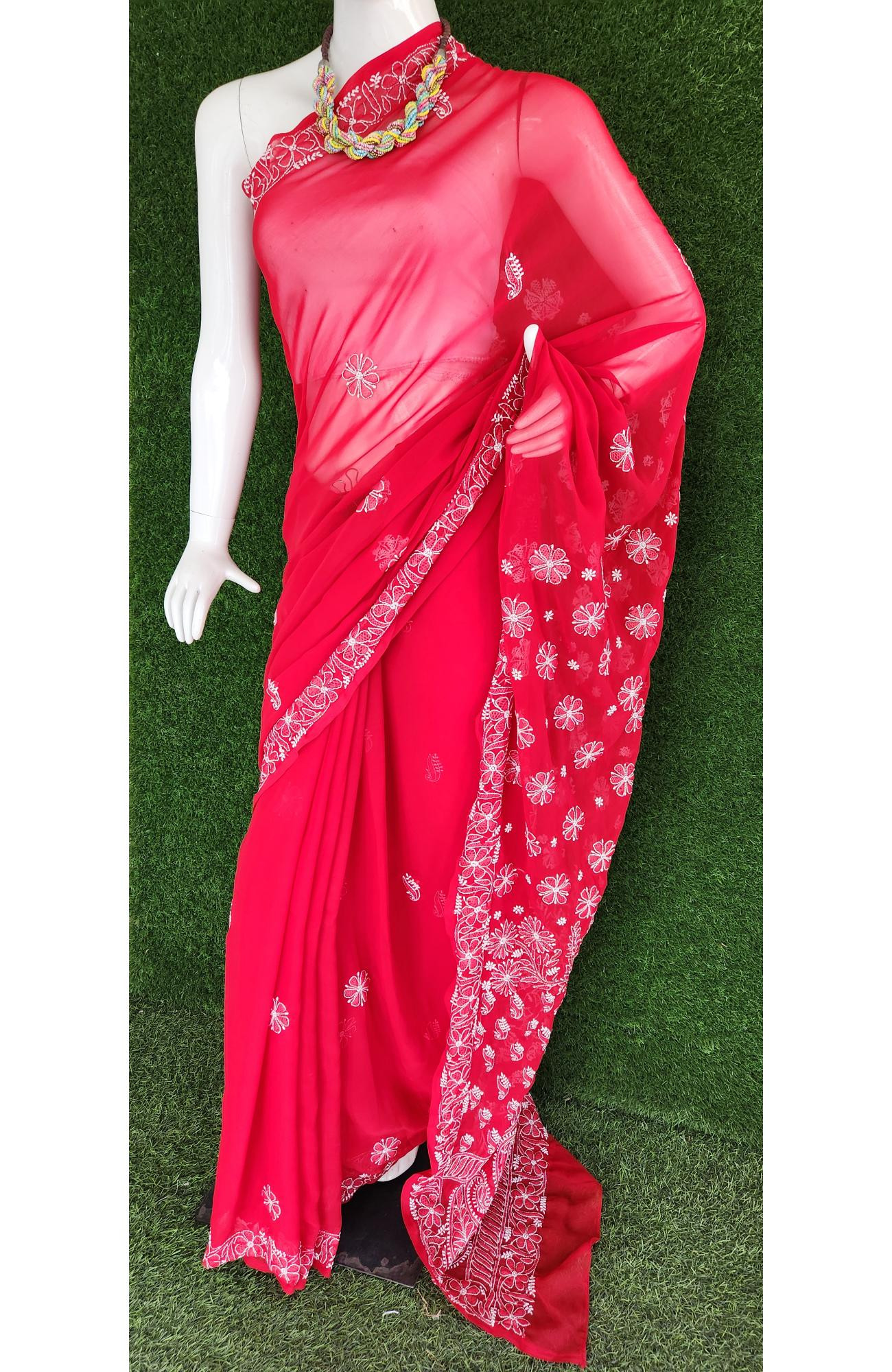 Red Faux Georgette Chikankari Saree