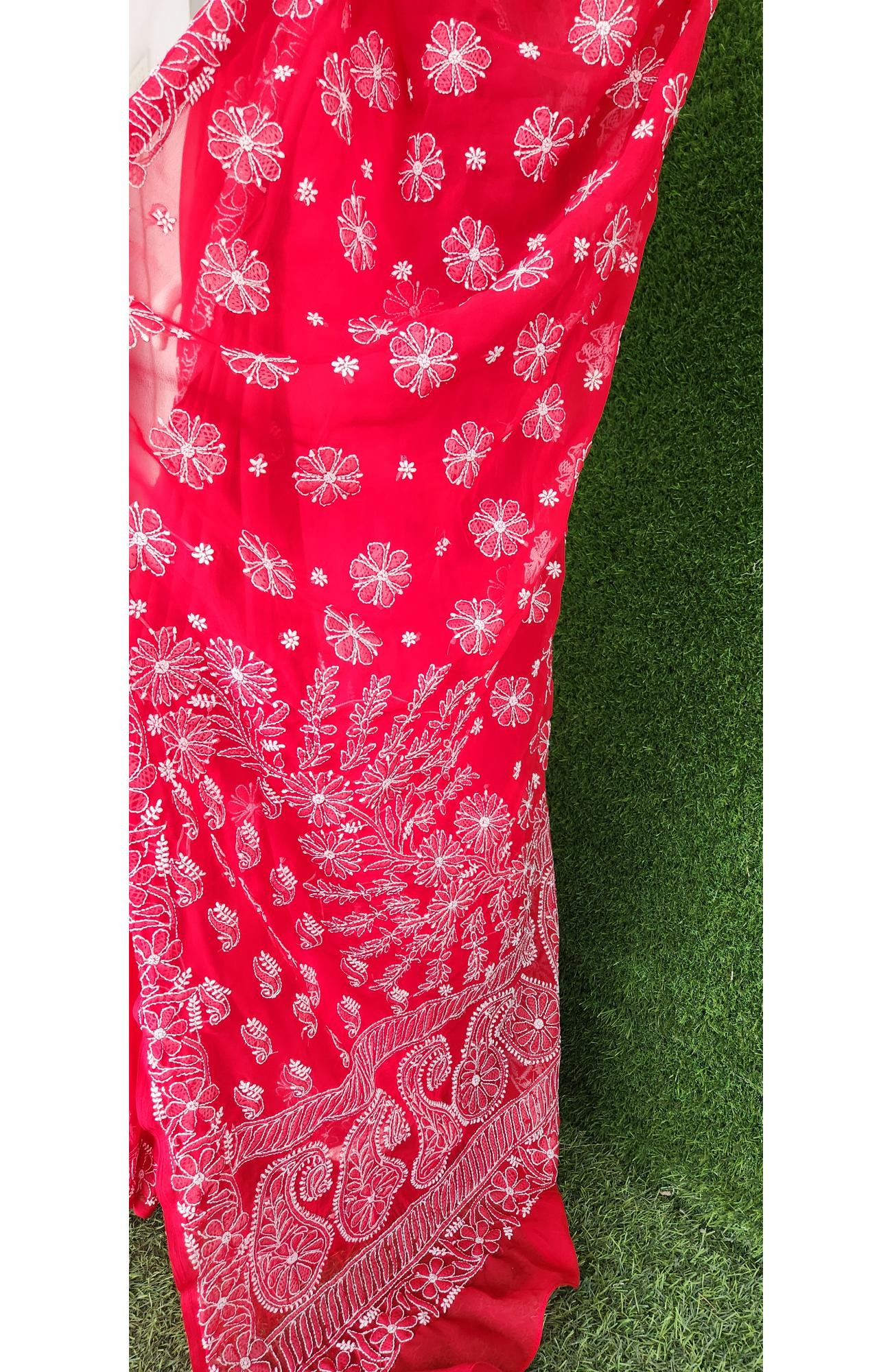 Red Faux Georgette Chikankari Saree
