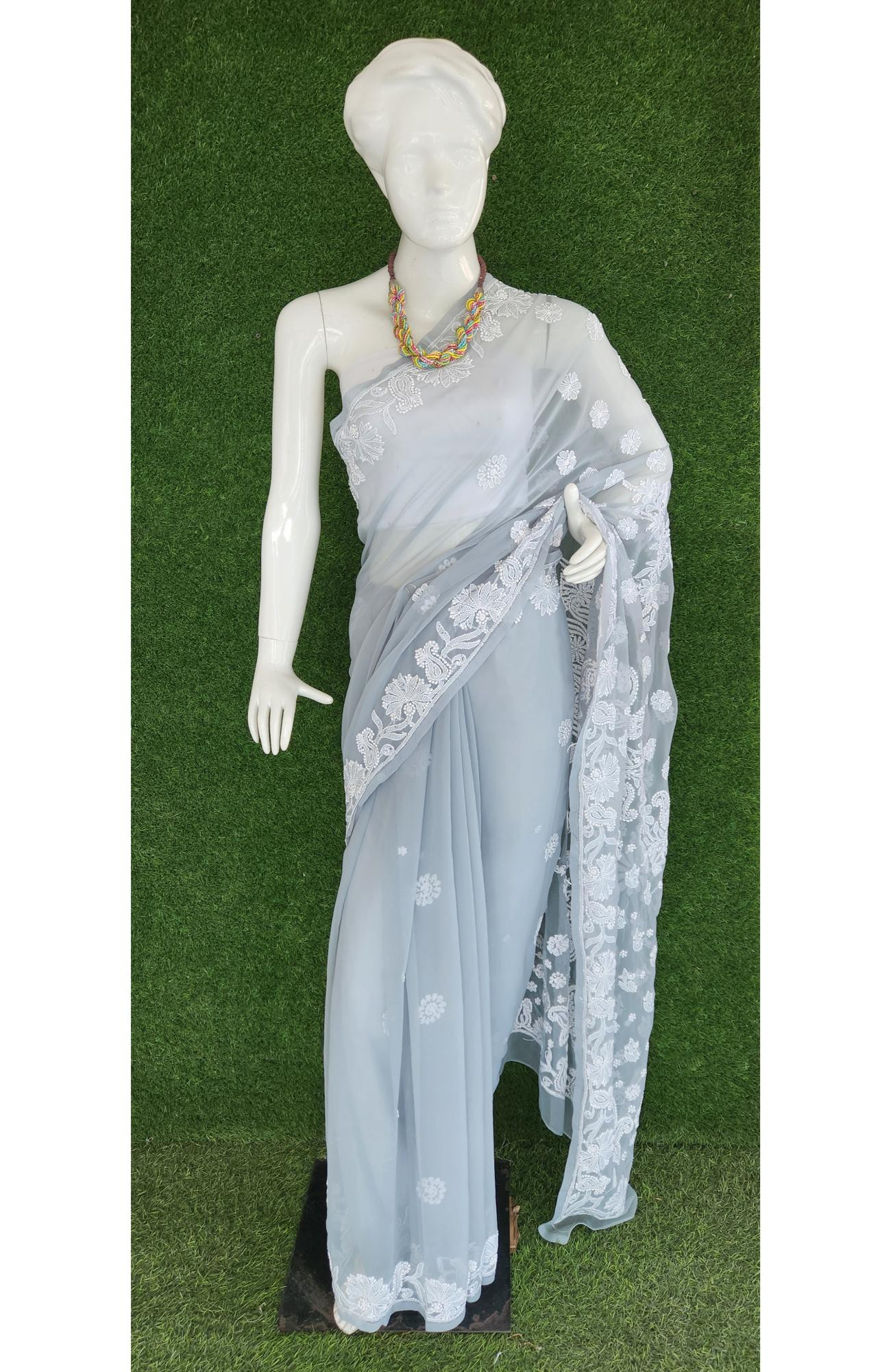 Light Grey Faux Georgette Chikankari Saree