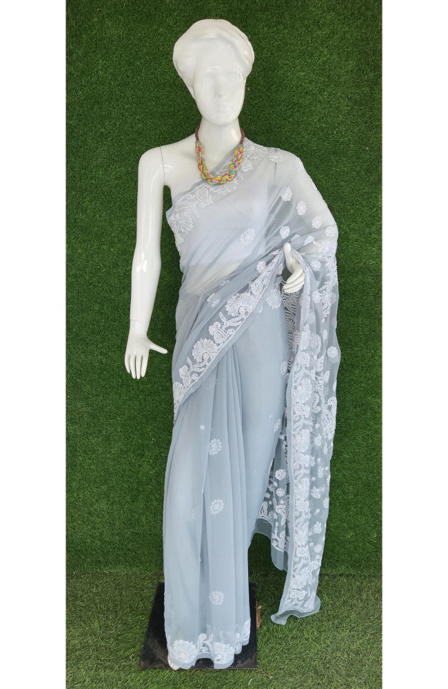 Image of Light Grey Faux Georgette Chikankari Saree