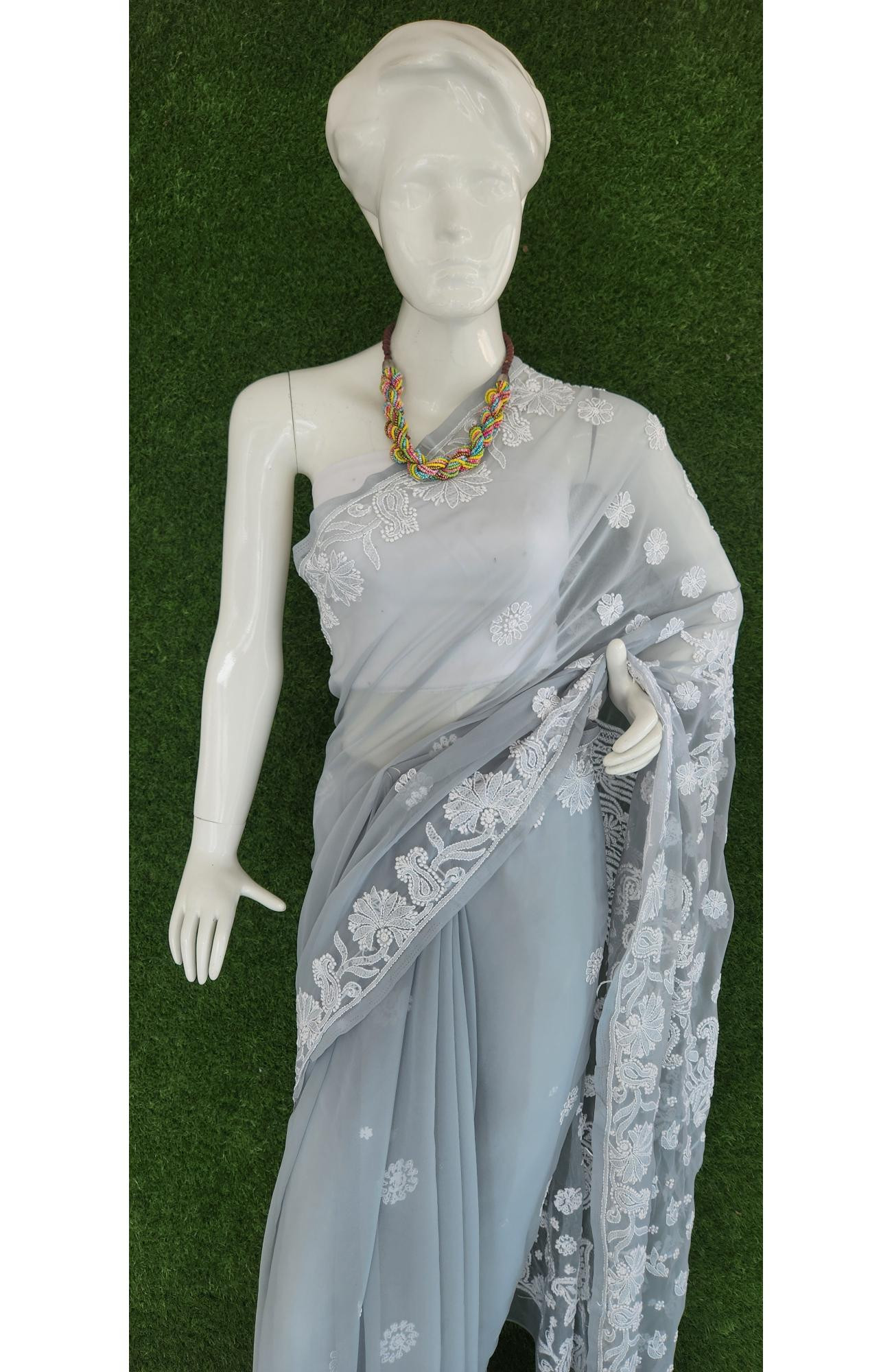 Light Grey Faux Georgette Chikankari Saree
