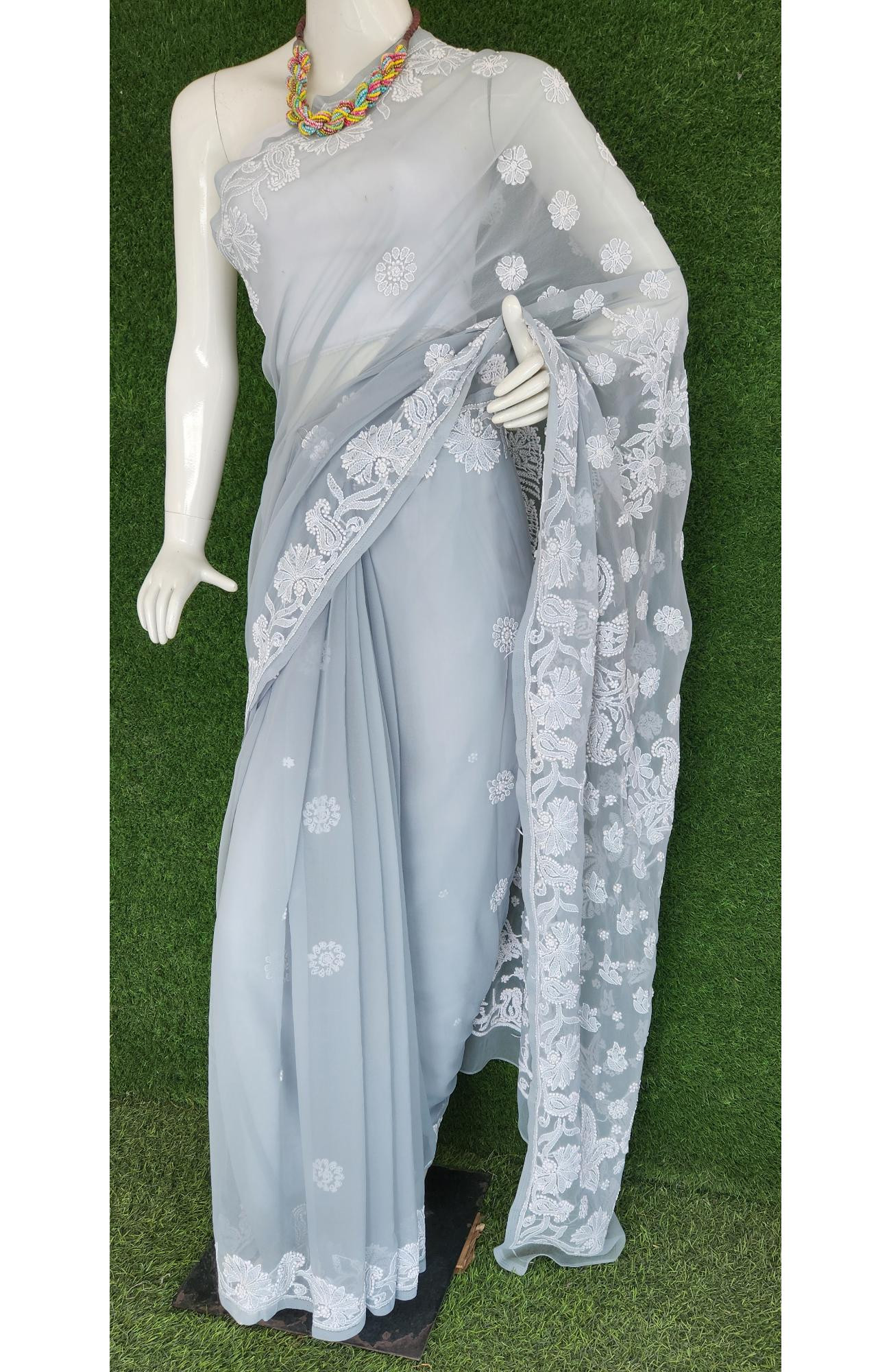 Light Grey Faux Georgette Chikankari Saree