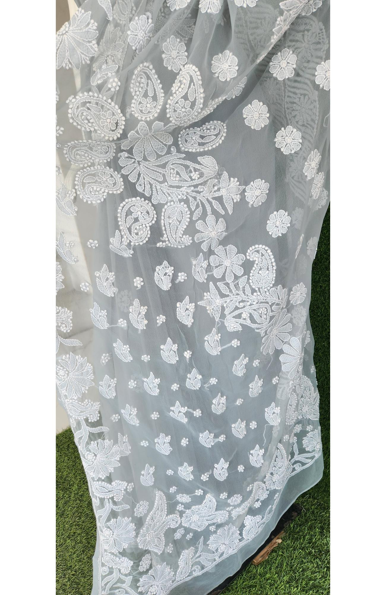 Light Grey Faux Georgette Chikankari Saree
