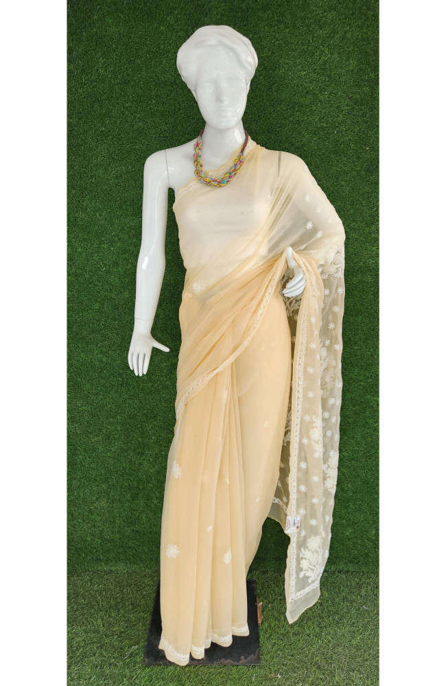 Image of Peach Faux Georgette Chikankari Saree
