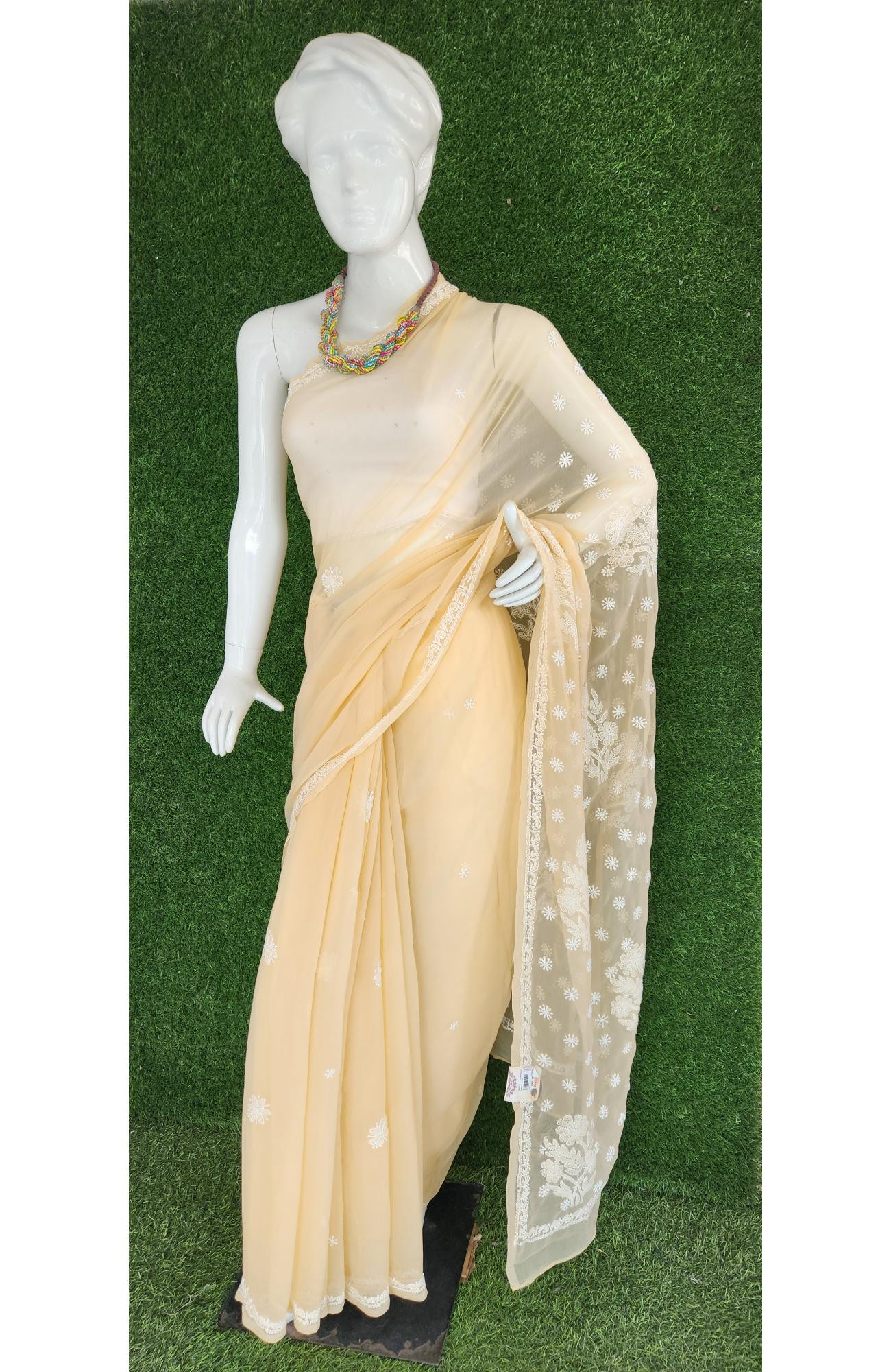 Peach Faux Georgette Chikankari Saree