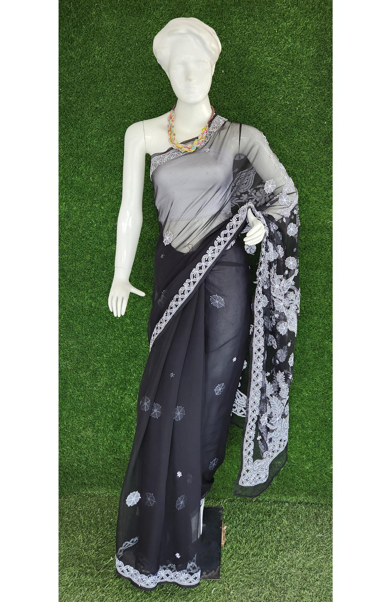 Black Faux Georgette Chikankari Saree