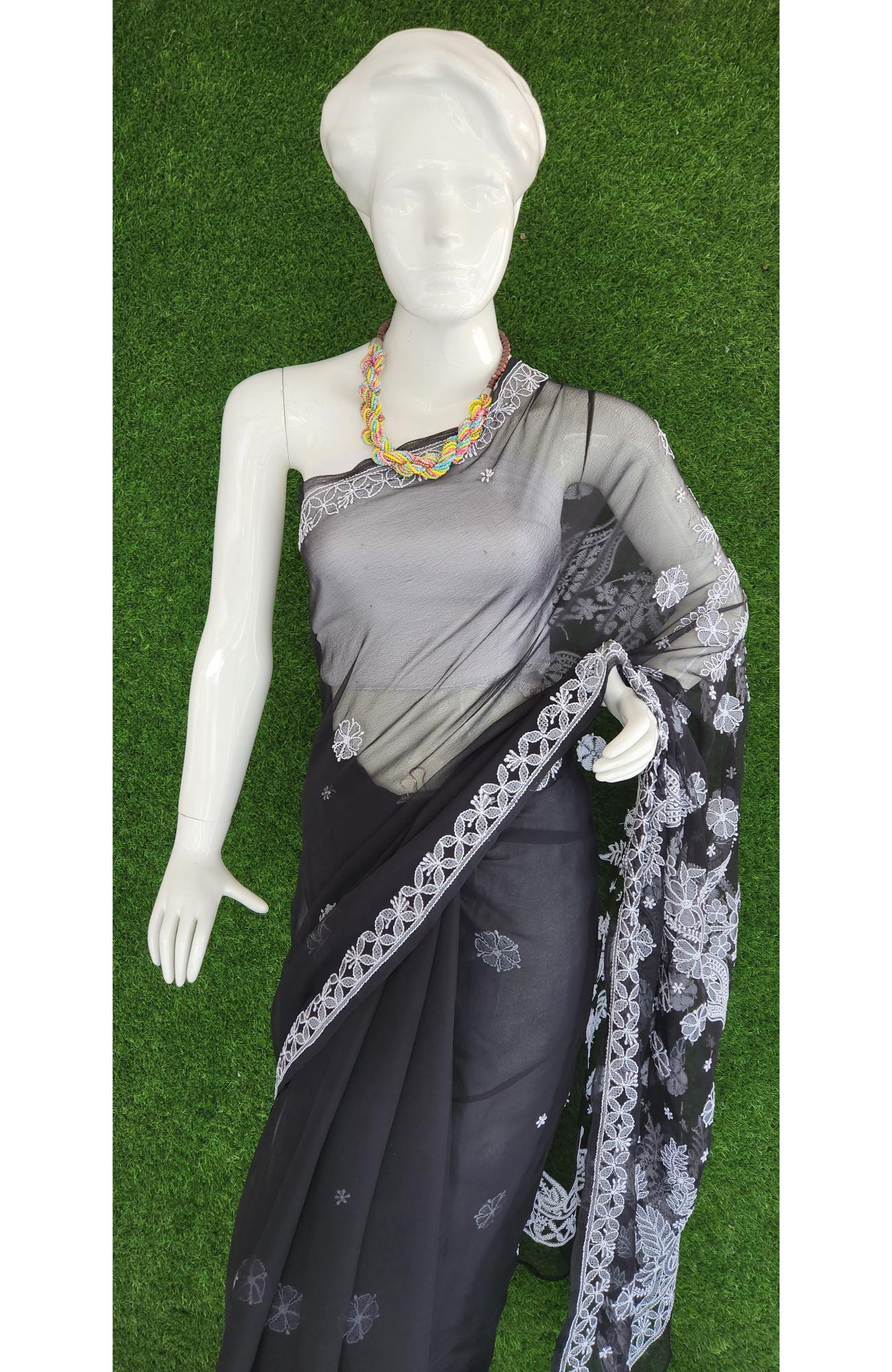 Black Faux Georgette Chikankari Saree