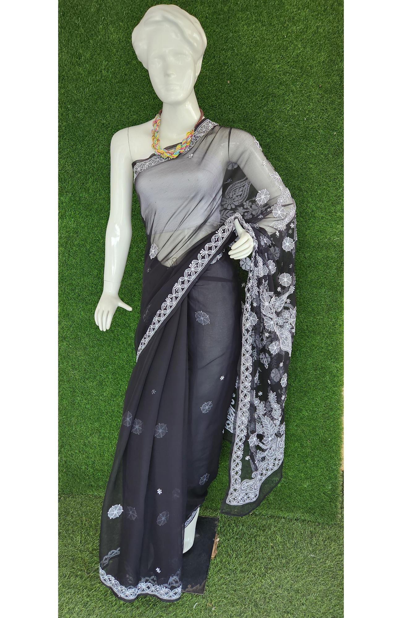 Black Faux Georgette Chikankari Saree
