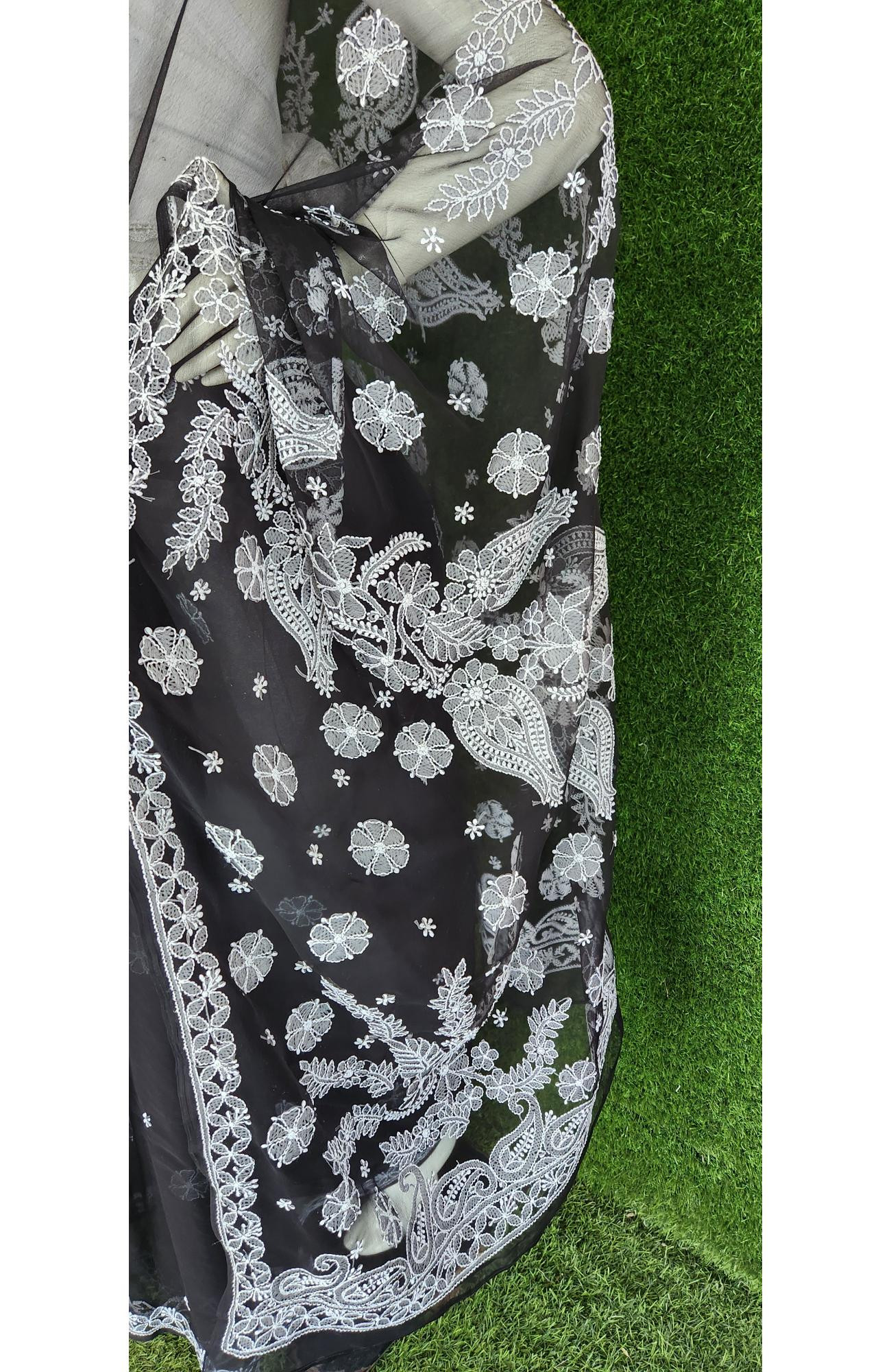 Black Faux Georgette Chikankari Saree
