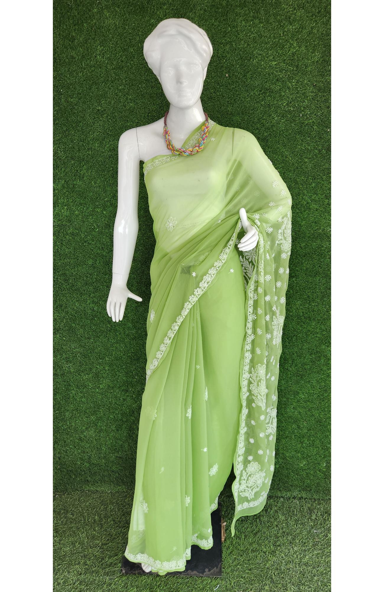 Parrot Green Faux Georgette Chikankari Saree