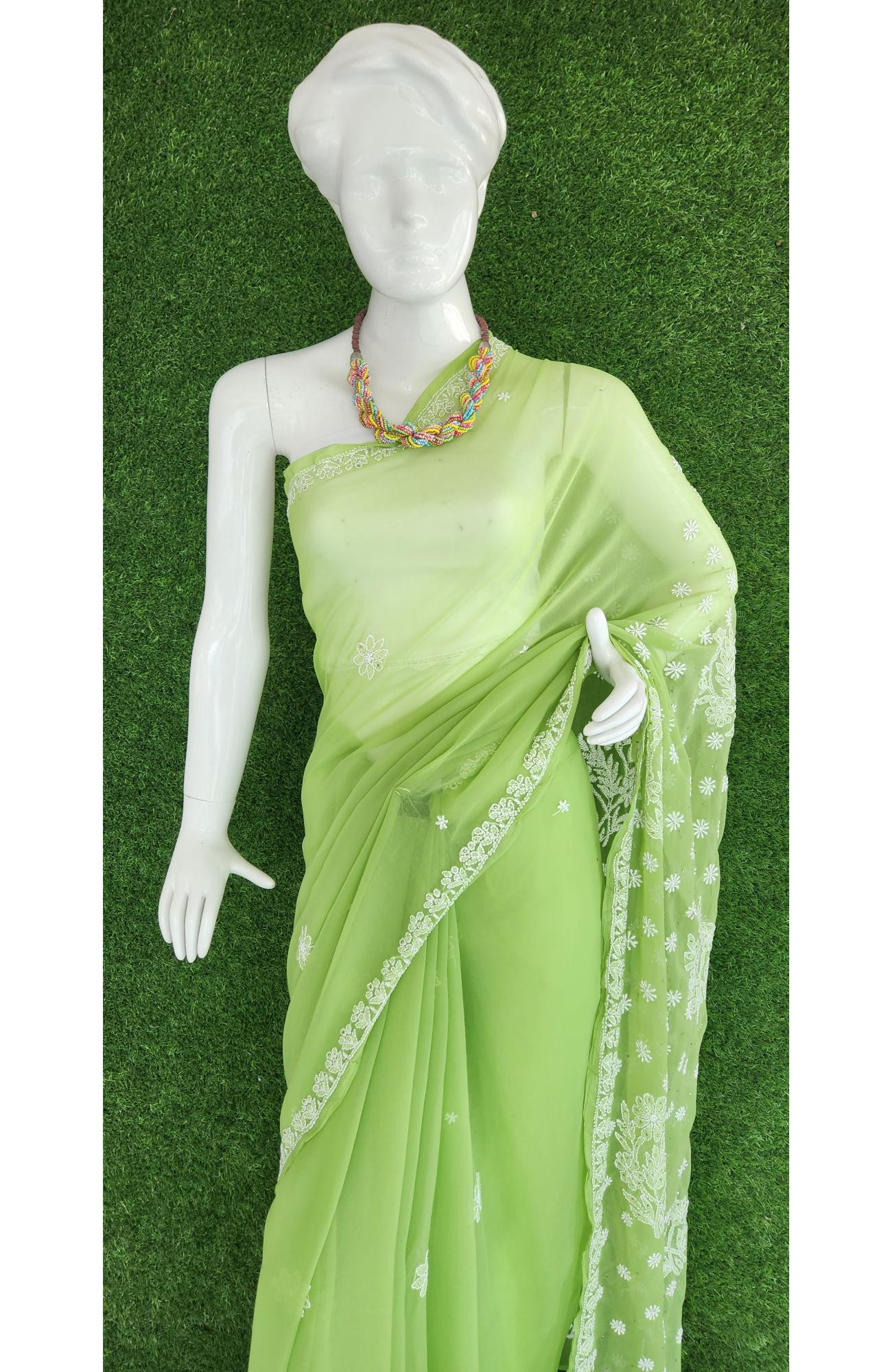 Parrot Green Faux Georgette Chikankari Saree