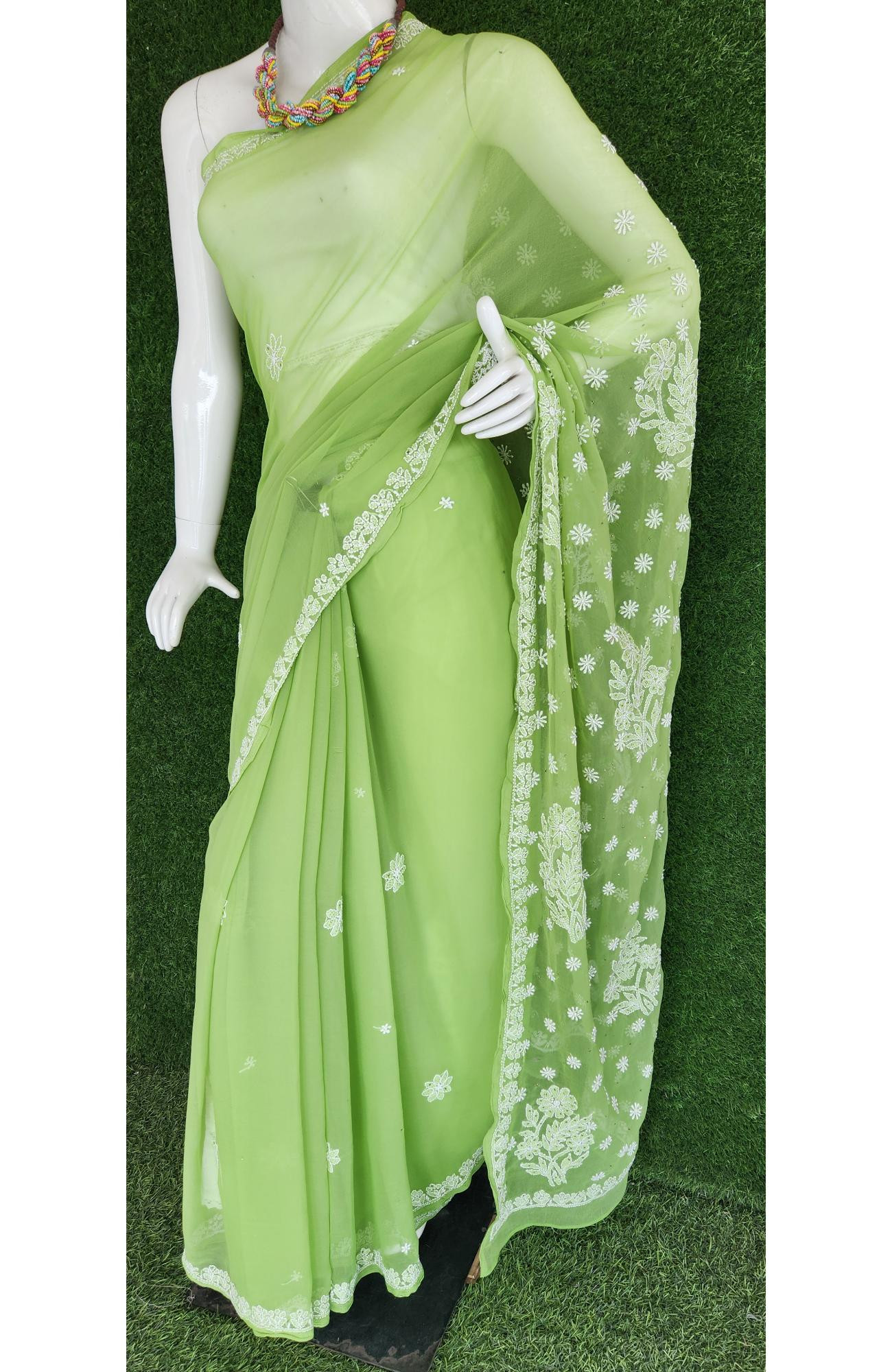 Parrot Green Faux Georgette Chikankari Saree