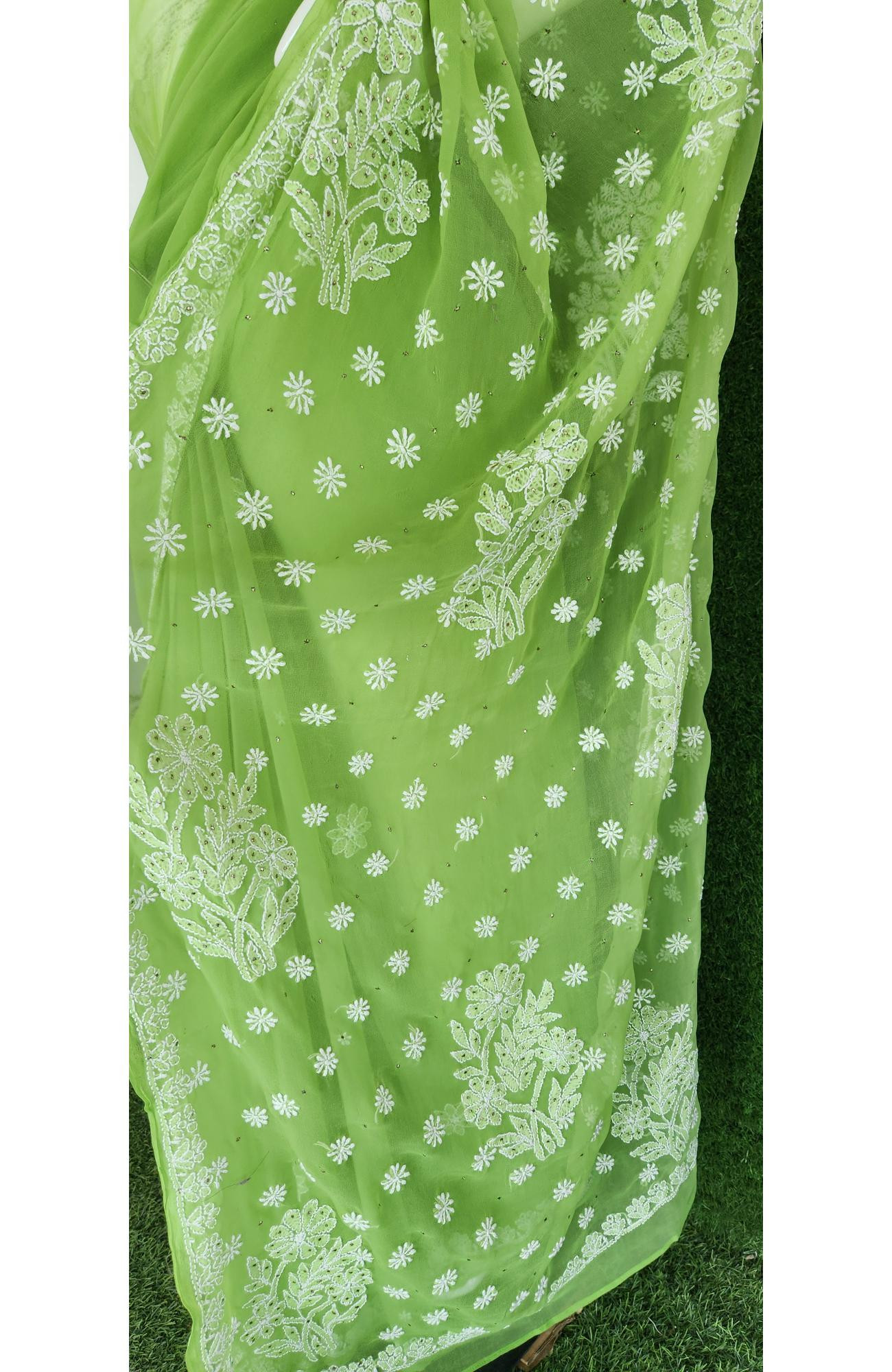 Parrot Green Faux Georgette Chikankari Saree