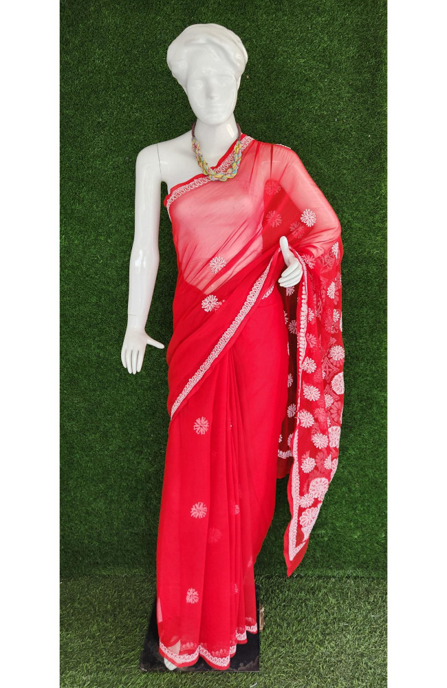 Image of Red Faux Georgette Chikankari Saree