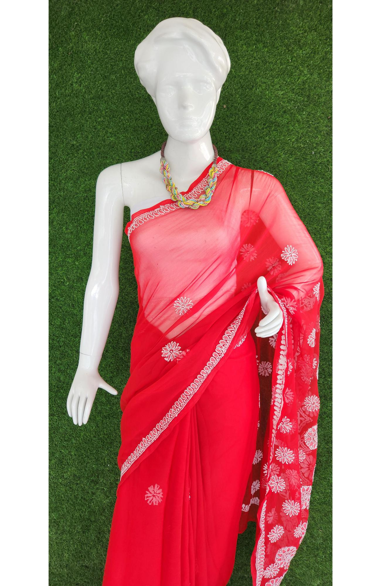 Red Faux Georgette Chikankari Saree