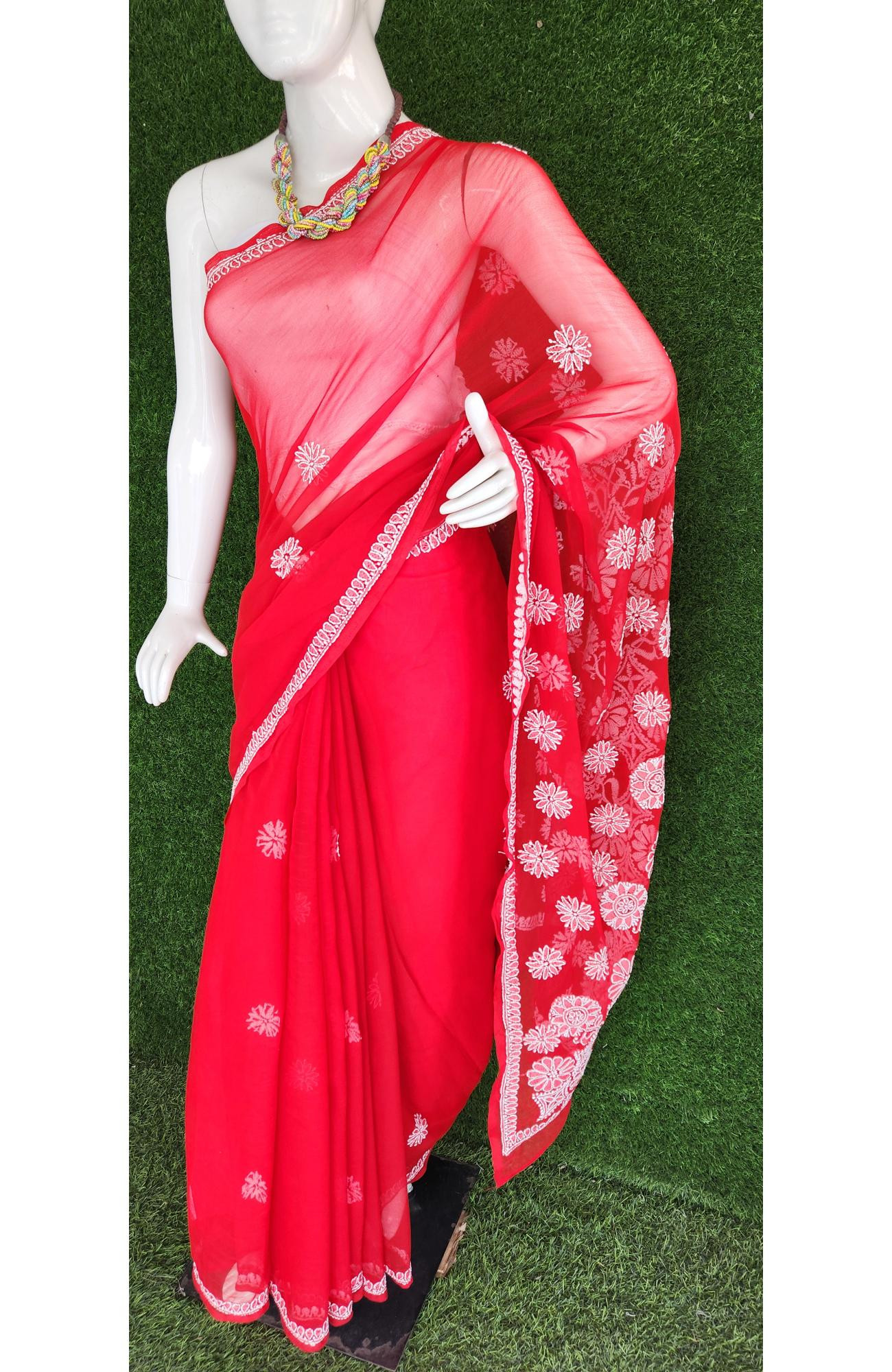 Red Faux Georgette Chikankari Saree