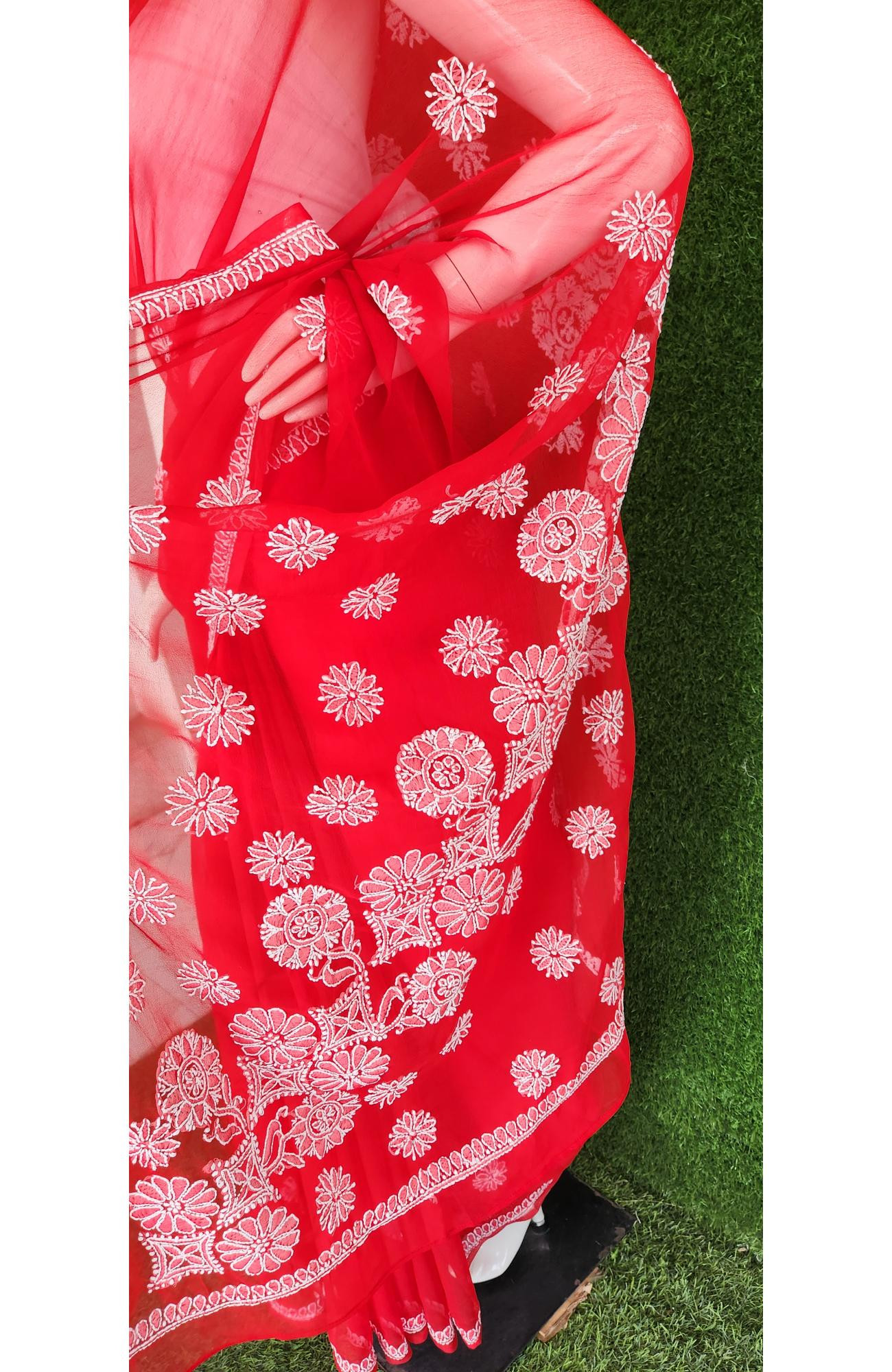 Red Faux Georgette Chikankari Saree