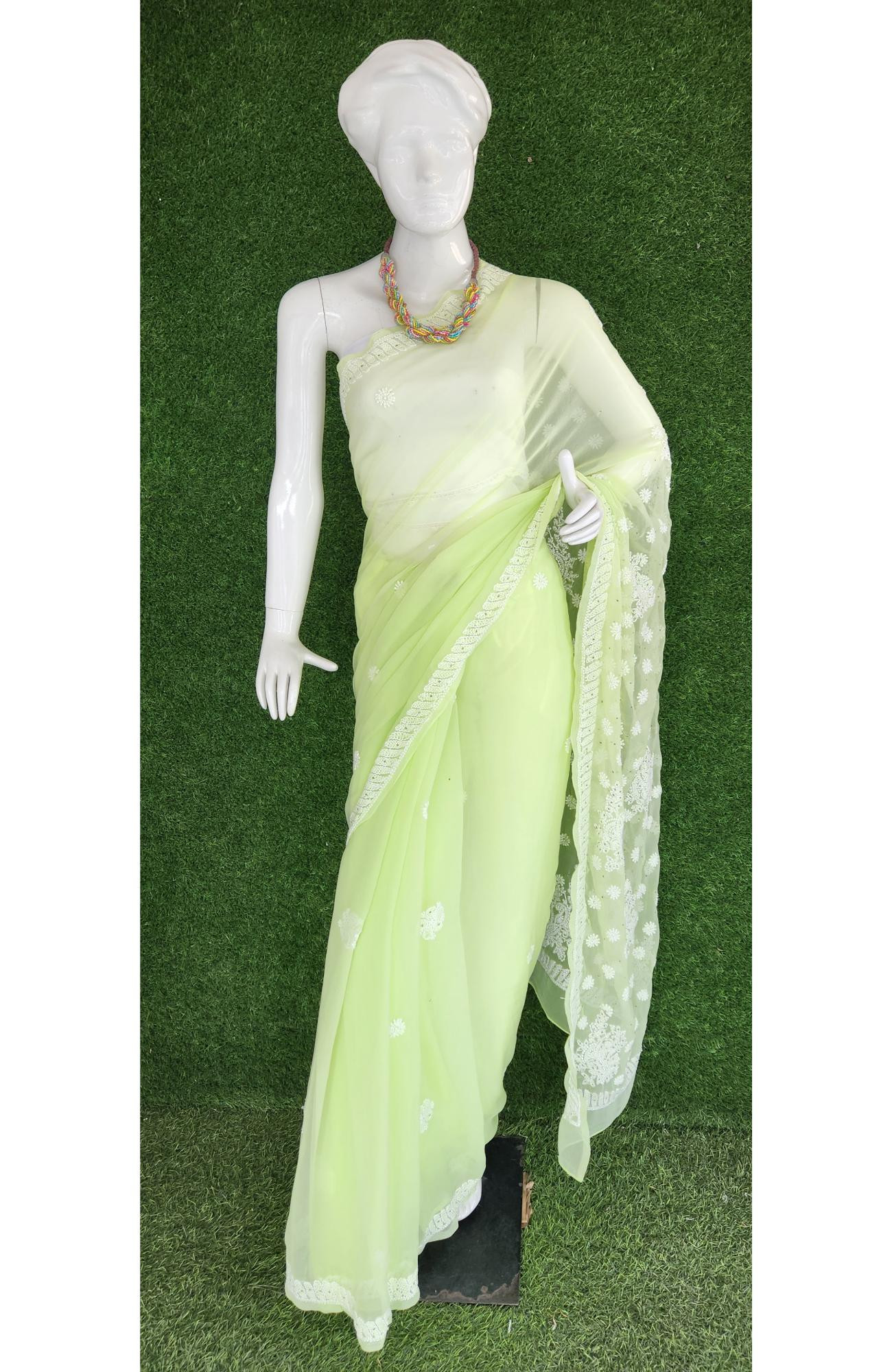 Pista Green Faux Georgette Chikankari Saree