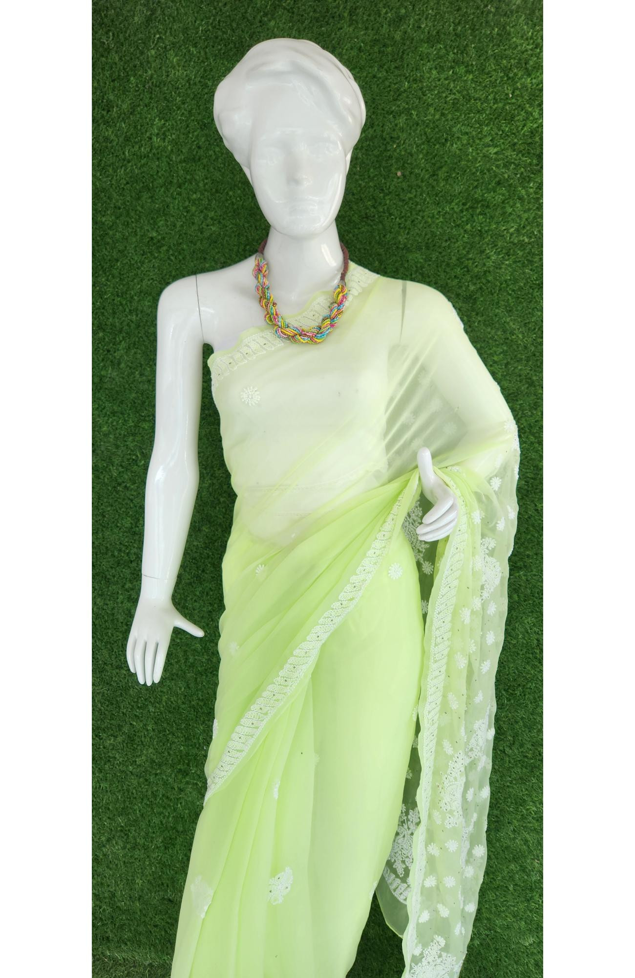 Pista Green Faux Georgette Chikankari Saree